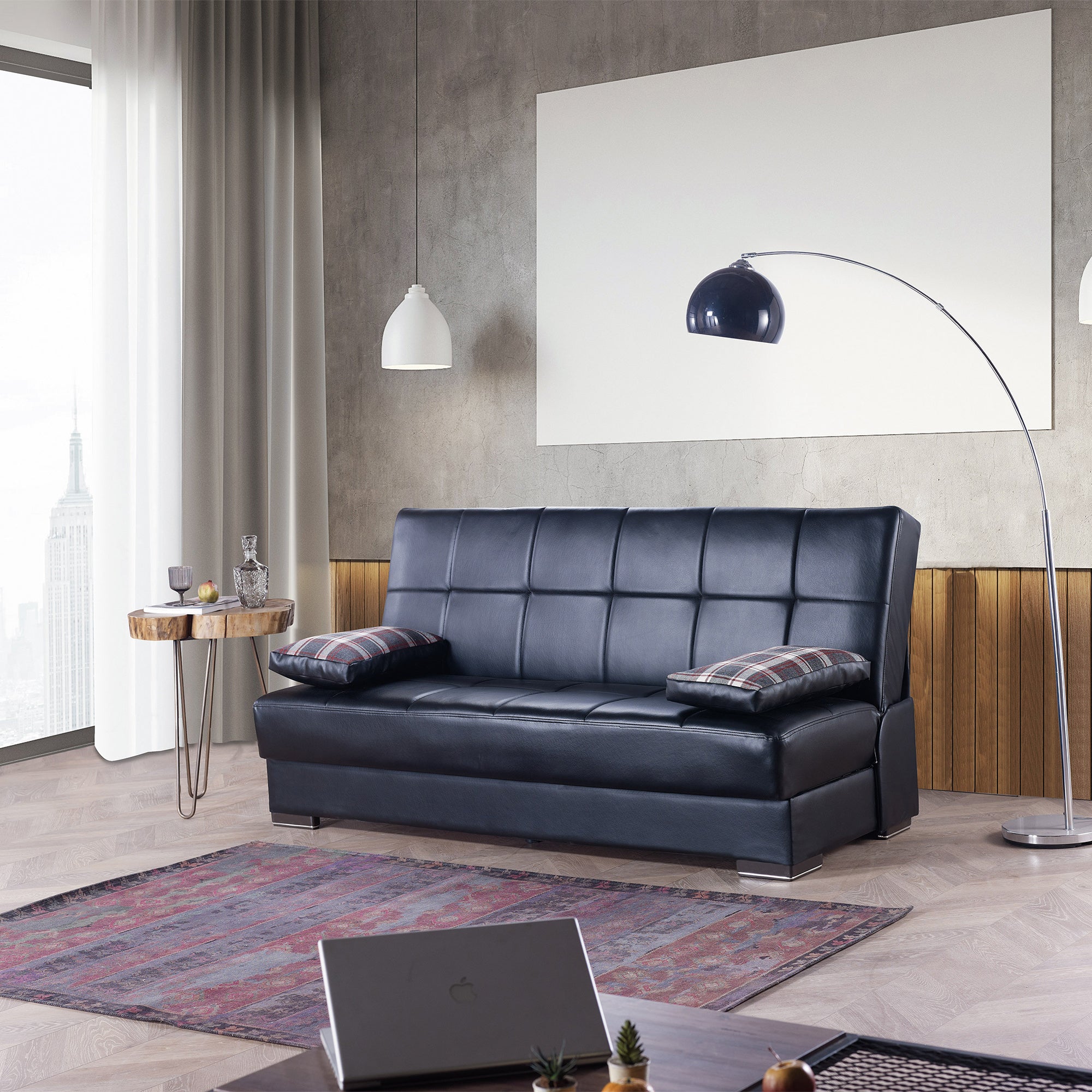 PrimeNest Sovo Collection Black PU Upholstered Convertible Sofabed with Storage ¨C Bedding Collections for Small Spaces & Living Room