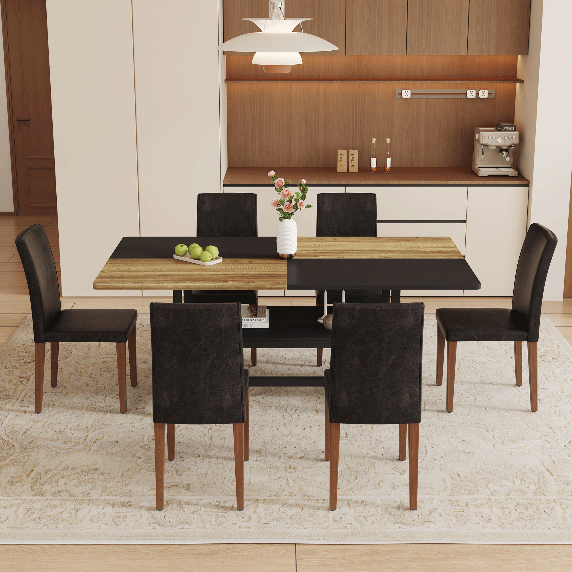 koorbiir ta5 71" x 35.4" Wooden & Black Spliced Dining Table with Middle Storage ¨C 8 Light Gray Linen-Cotton Chairs, Simple and Versatile Table Linens Set