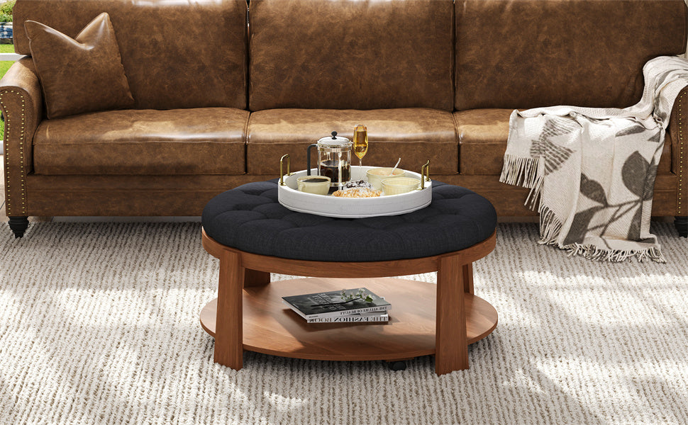 koorbiir ta1 Modern Large Round Ottoman Coffee Table with 2-Tier Wood Shelf Storage ¨C Oversized Button Tufted Upholstered Footrest Ottoman on Wheels, Waterproof Table Linens for Living Room