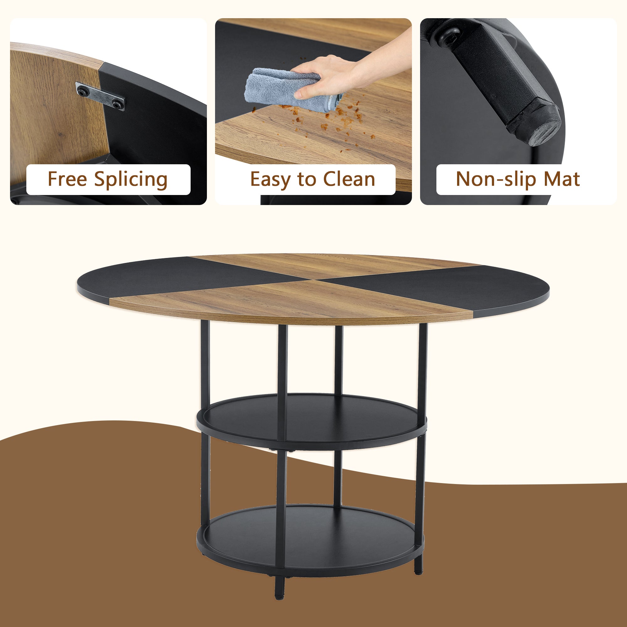 47.3" Modern Splicing Circular Dining Table with Double-Layer Storage ¨C 4 Black Linen-Cotton High-Resilience Chairs with Metal Legs, Table Linens Included