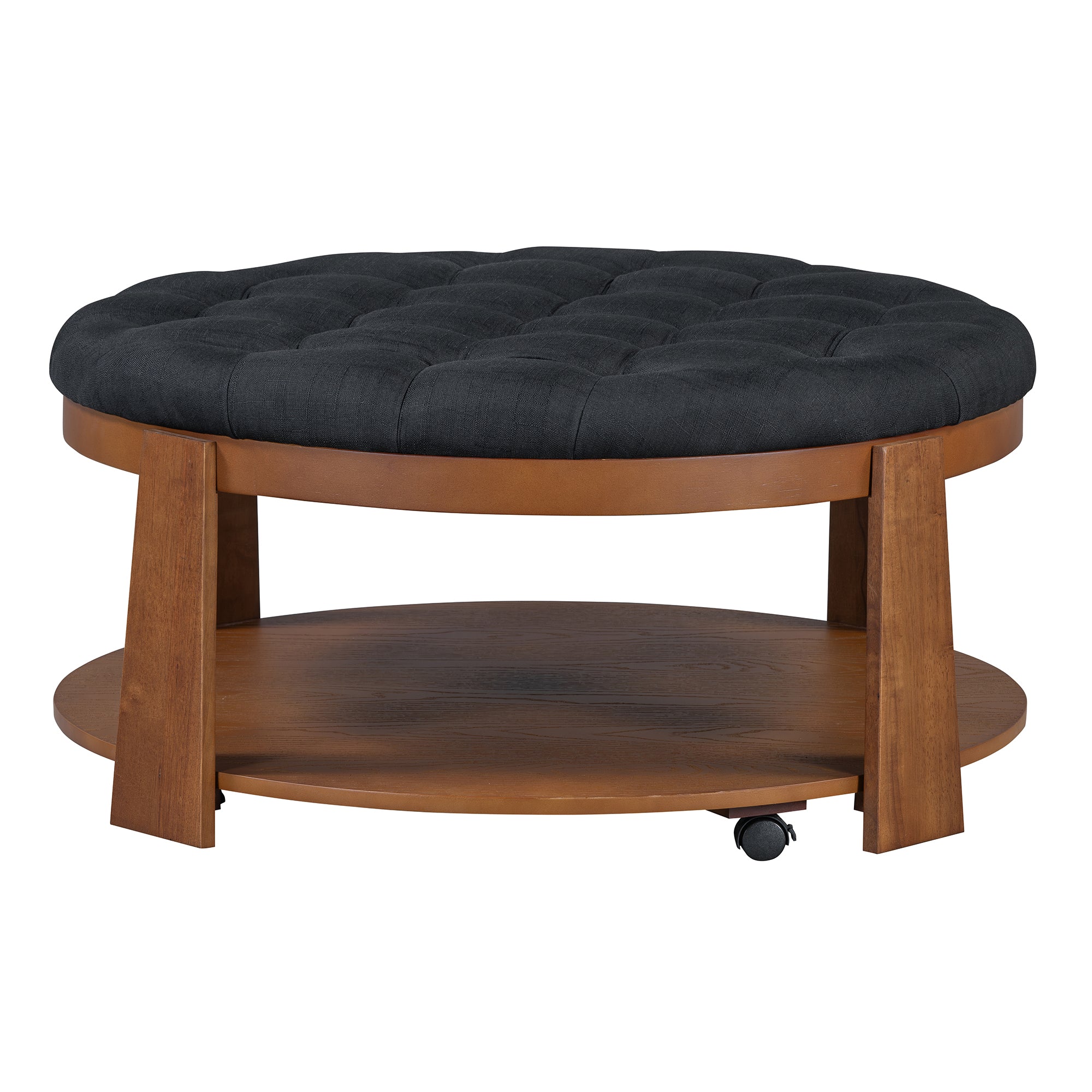 koorbiir ta1 Modern Large Round Ottoman Coffee Table with 2-Tier Wood Shelf Storage ¨C Oversized Button Tufted Upholstered Footrest Ottoman on Wheels, Waterproof Table Linens for Living Room