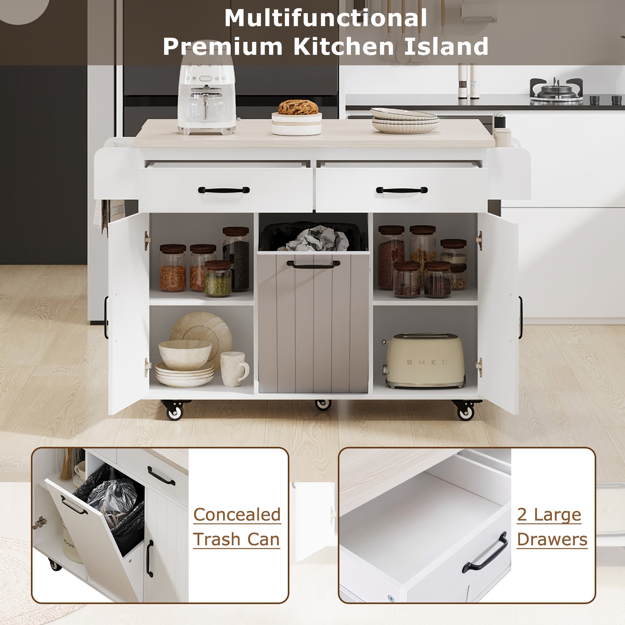 koorbiir k3 K&K Kitchen Island with Trash Can Storage, Drop Leaf Countertop, Spice & Towel Rack, Drawer Cabinet ¨C Rolling Kitchen Cart with Adjustable Shelves for Kitchen Storage, White - Koorbiir
