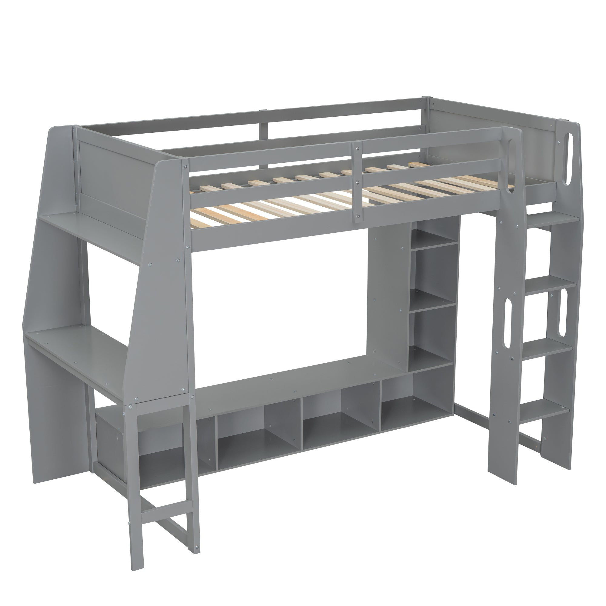 koorbiir G4 Wood Full Size Gaming Loft Bed with Built-In Gaming Desk, Multi-Storage Shelves, LED & Hanging Clothes Rack ¨C Gray