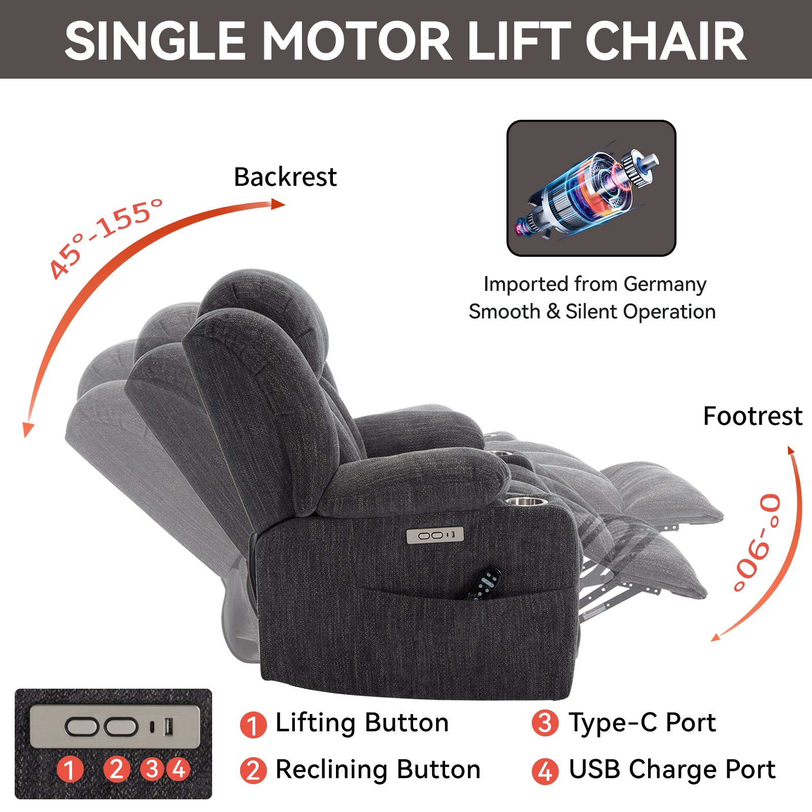 Up to 350 LBS Chenille Power Lift Massage Chair with 8-Point Vibration, Lumbar Heating, USB & Type-C Ports, Stainless Steel Cup Holders ¨C Blue