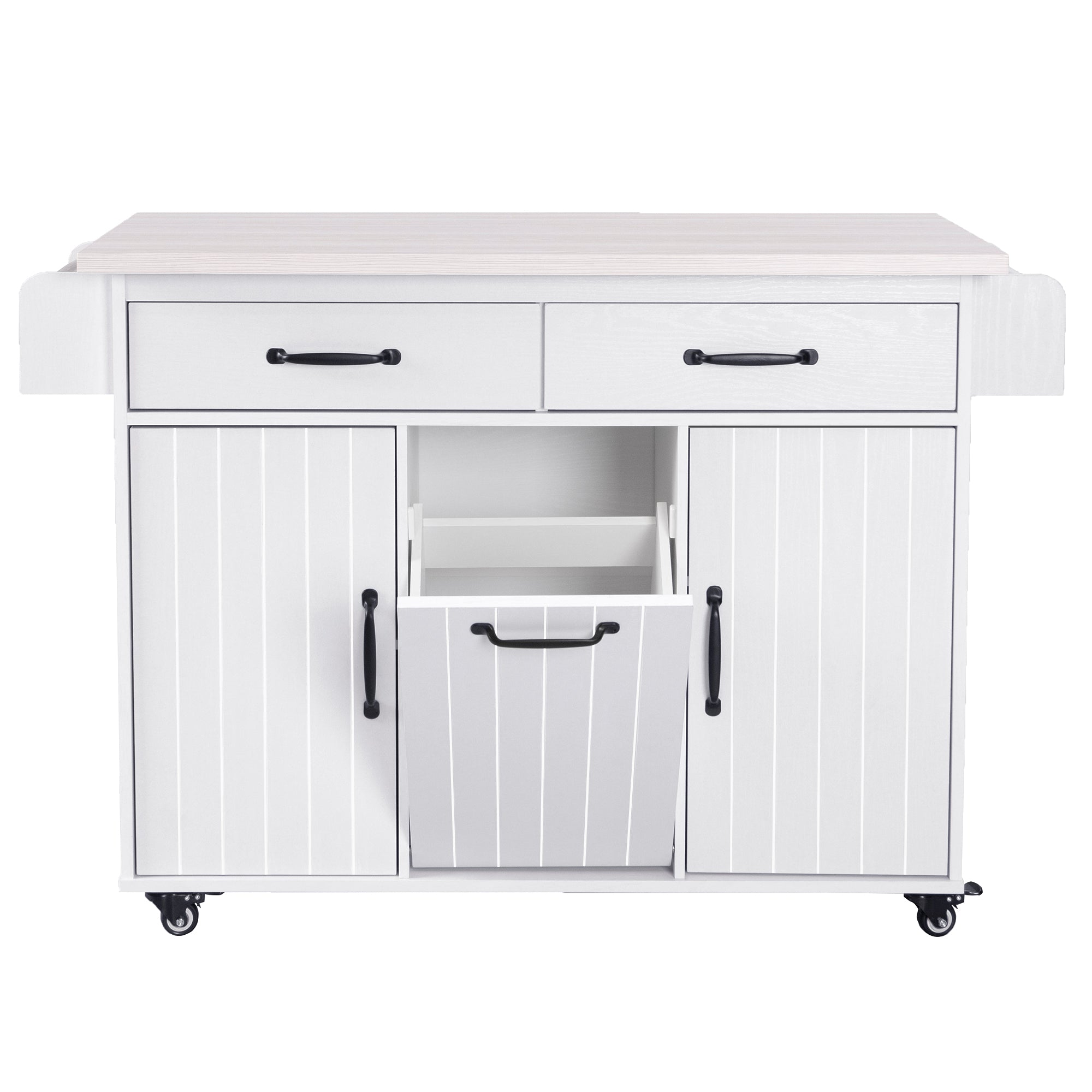koorbiir k3 K&K Kitchen Island with Trash Can Storage, Drop Leaf Countertop, Spice & Towel Rack, Drawer Cabinet ¨C Rolling Kitchen Cart with Adjustable Shelves for Kitchen Storage, White