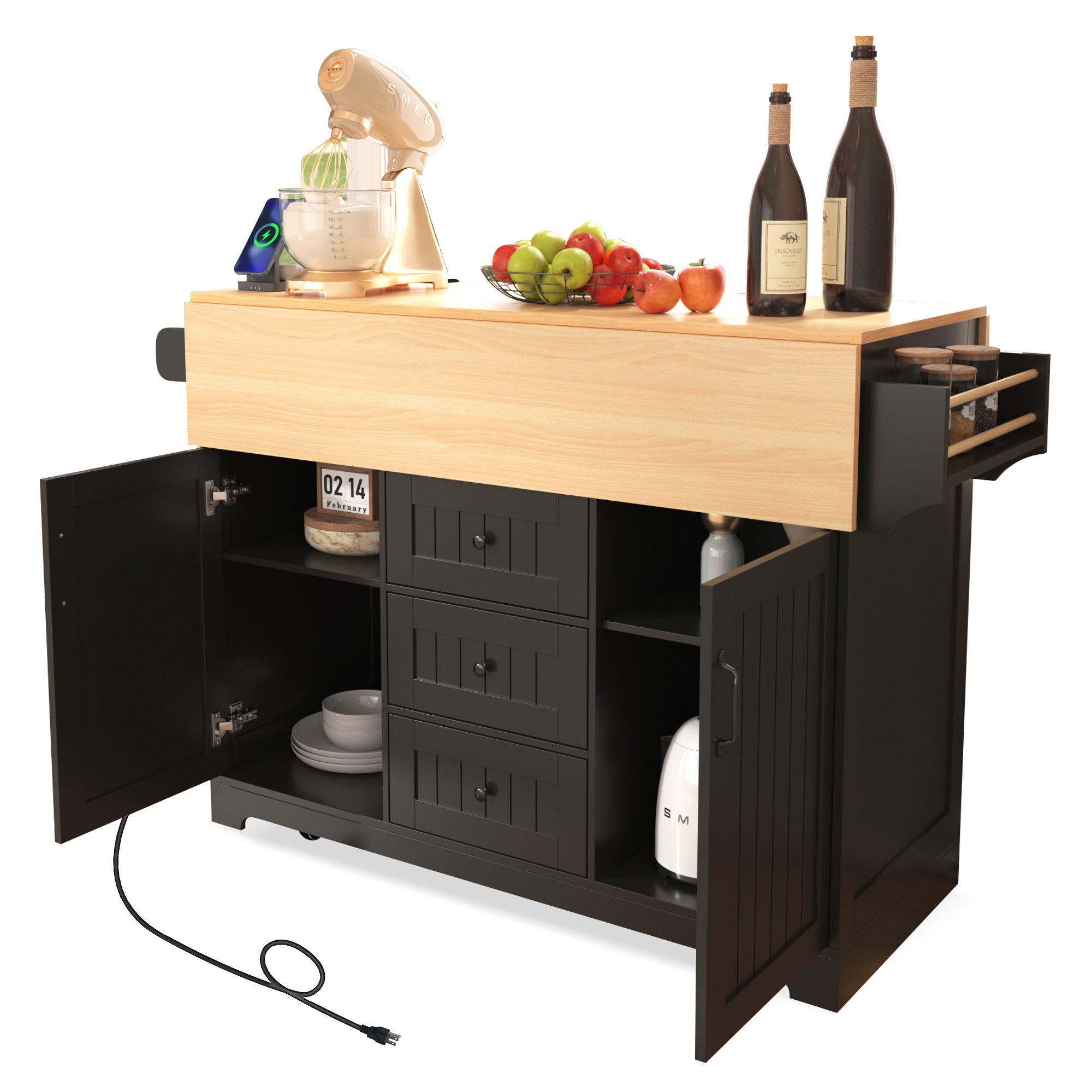 koorbiir k2 K&K 55.7" Large Kitchen Island with Storage, 2 Drop Leaves, Rolling Kitchen Cart with Power Outlet, Folding Dining Table, 3 Drawers & Spice/Towel Rack ¨C Mobile Kitchen Storage for Kitchen & Dining Room, Black