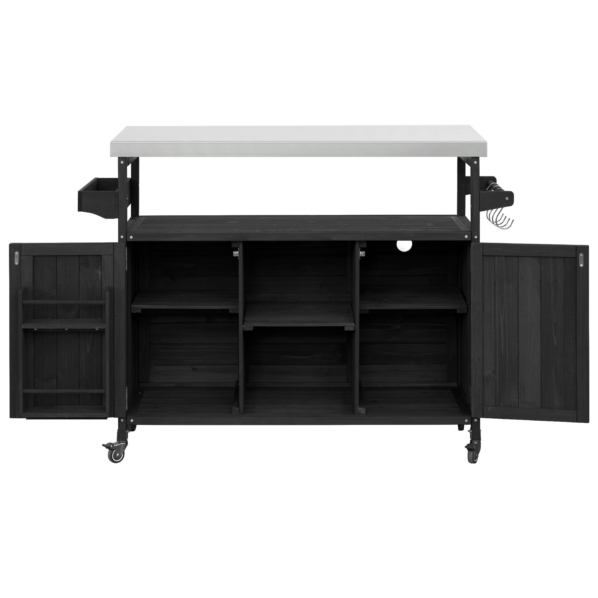 koorbiir k4 K&K Outdoor Kitchen Island & Rolling Bar Cart ¨C Solid Wood Grill Table with Stainless Steel Top, Spice & Towel Rack, Lockable Wheels for Patio, BBQ & Kitchen Storage, Grey Blue
