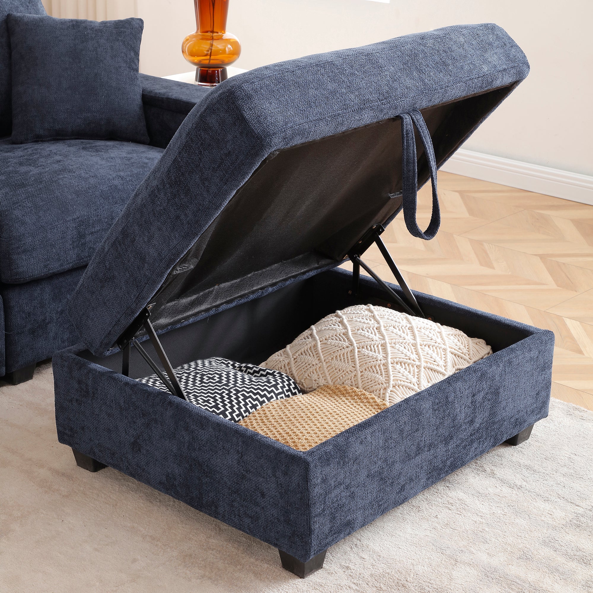 koorbiir ta7 120.3" L - Shaped Sectional Sofa with Storage Ottoman ¨C Oversized Cloud Couch with Drop - Down Table, 360¡ã Swivel Tray, Cup Holders, USB Ports & Wide Linen Seats for Living Room - Koorbiir