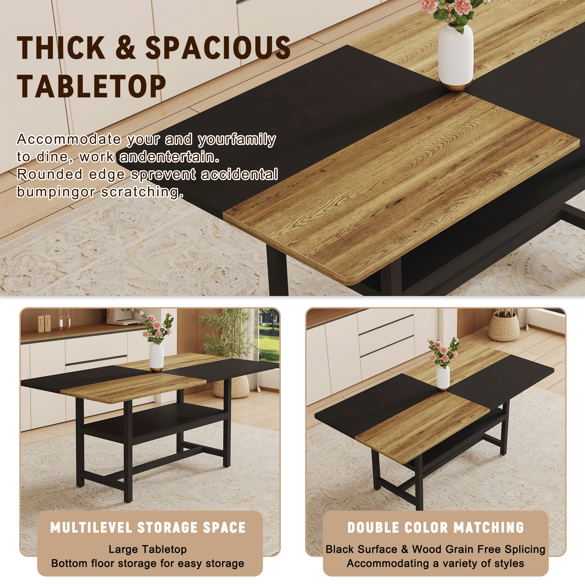 koorbiir ta3 71" x 35.4" Wooden & Black Spliced Dining Table with Middle Storage ¨C 6 Light Gray Linen Fabric Chairs, Sturdy Metal Frame, Table Linens Included - Koorbiir