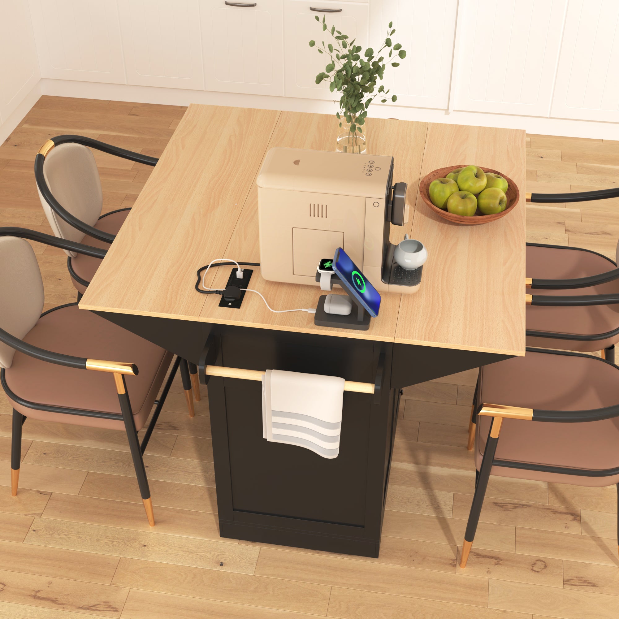 koorbiir k2 K&K 55.7" Large Kitchen Island with Storage, 2 Drop Leaves, Rolling Kitchen Cart with Power Outlet, Folding Dining Table, 3 Drawers & Spice/Towel Rack ¨C Mobile Kitchen Storage for Kitchen & Dining Room, Black