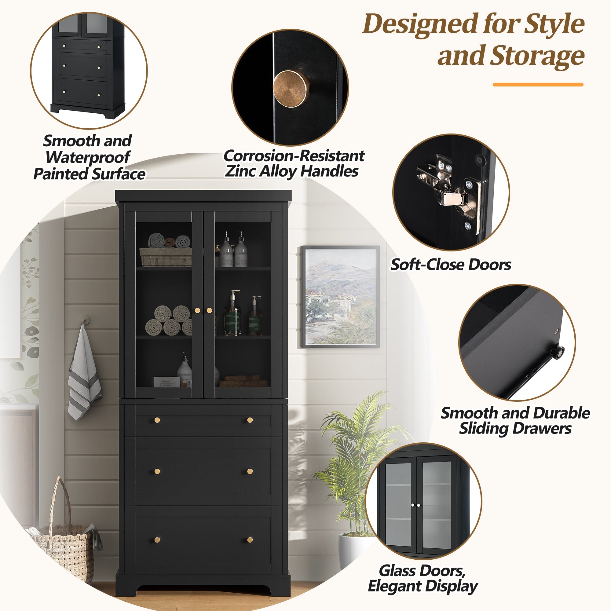 koorbiir k9 70.1" Modern High Freestanding Tall Bathroom Cabinet with 2 Adjustable Shelves & 3 Drawers ¨C Soft - Close Glass Doors, Luxury Metal Handles, Versatile Bathroom, Kitchen, and Living Room Storage - Koorbiir