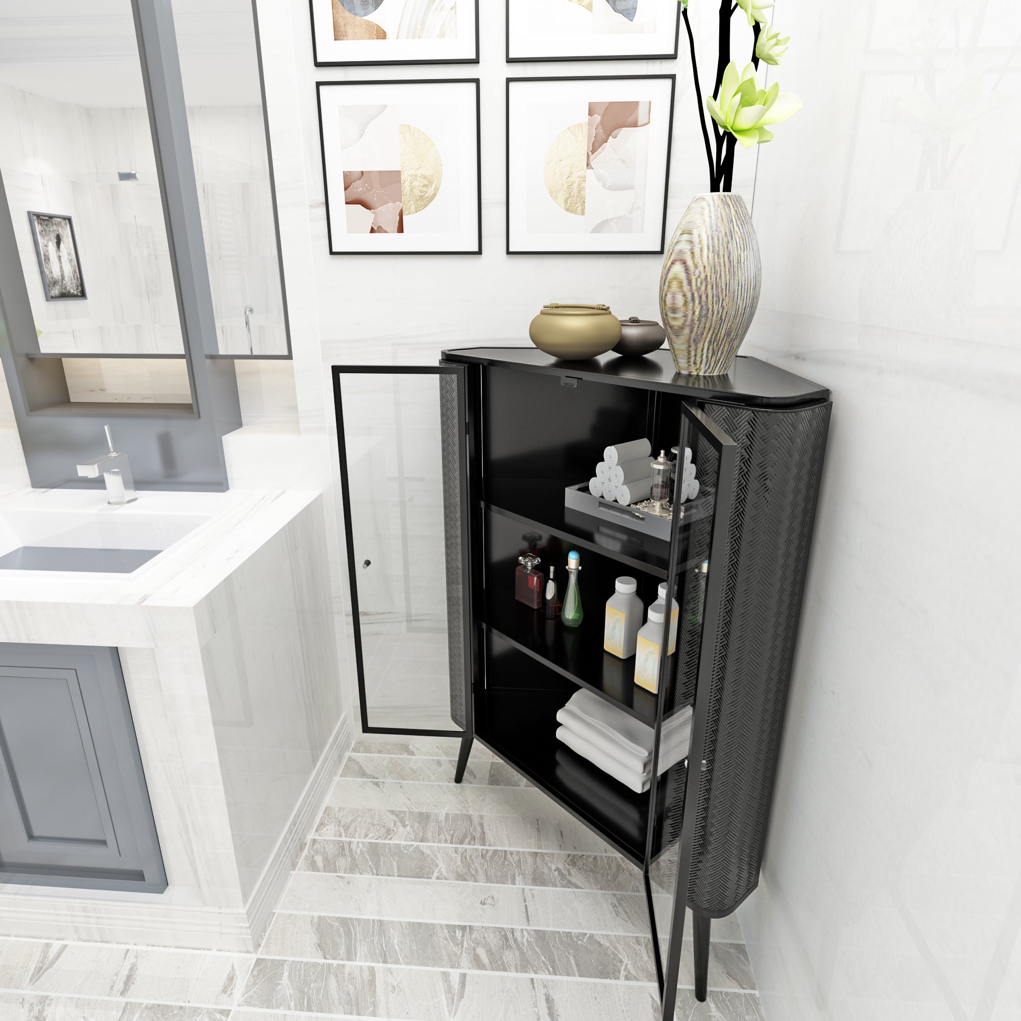 Modern 3-Tier Corner Storage Cabinet with Tempered Glass Doors ¨C Freestanding Metal Frame Organizer for Bathroom Organization, Kitchen, Bedroom, and Small Spaces