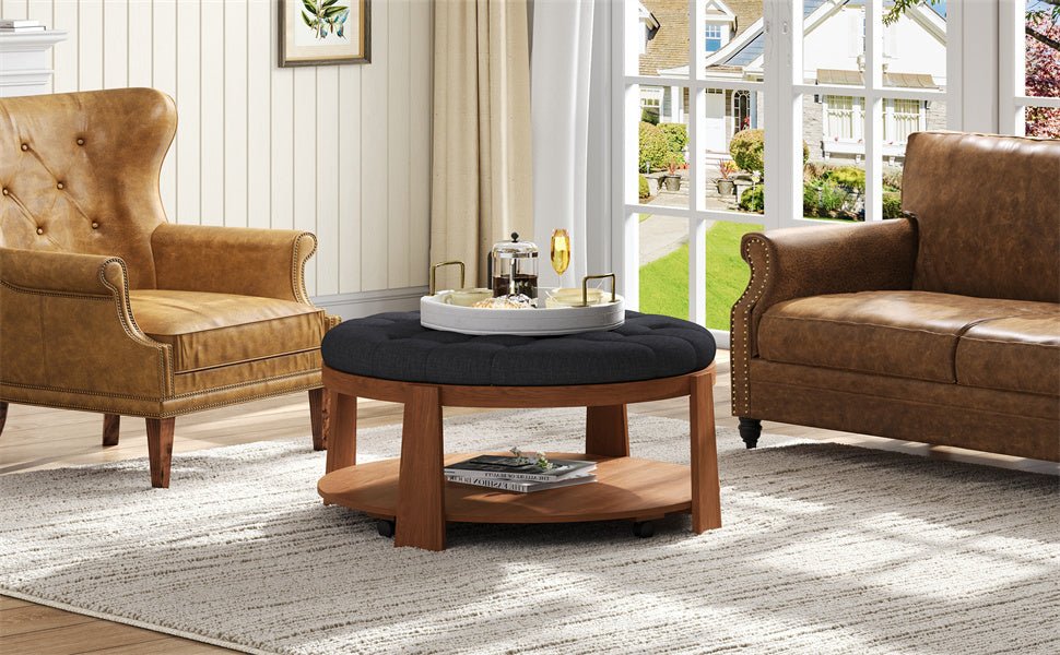 koorbiir ta1 Modern Large Round Ottoman Coffee Table with 2 - Tier Wood Shelf Storage ¨C Oversized Button Tufted Upholstered Footrest Ottoman on Wheels, Waterproof Table Linens for Living Room - Koorbiir