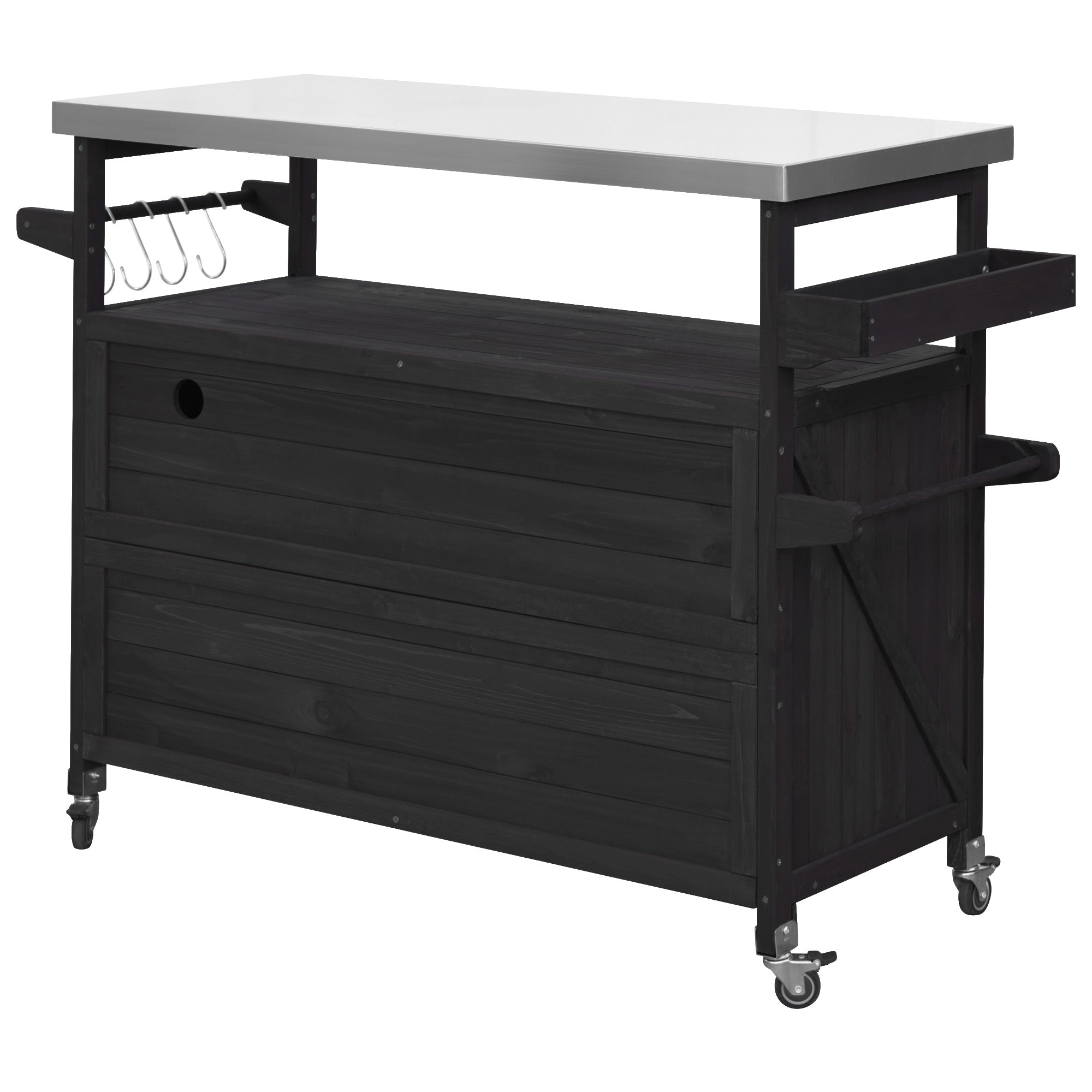 koorbiir k4 K&K Outdoor Kitchen Island & Rolling Bar Cart ¨C Solid Wood Grill Table with Stainless Steel Top, Spice & Towel Rack, Lockable Wheels for Patio, BBQ & Kitchen Storage, Grey Blue
