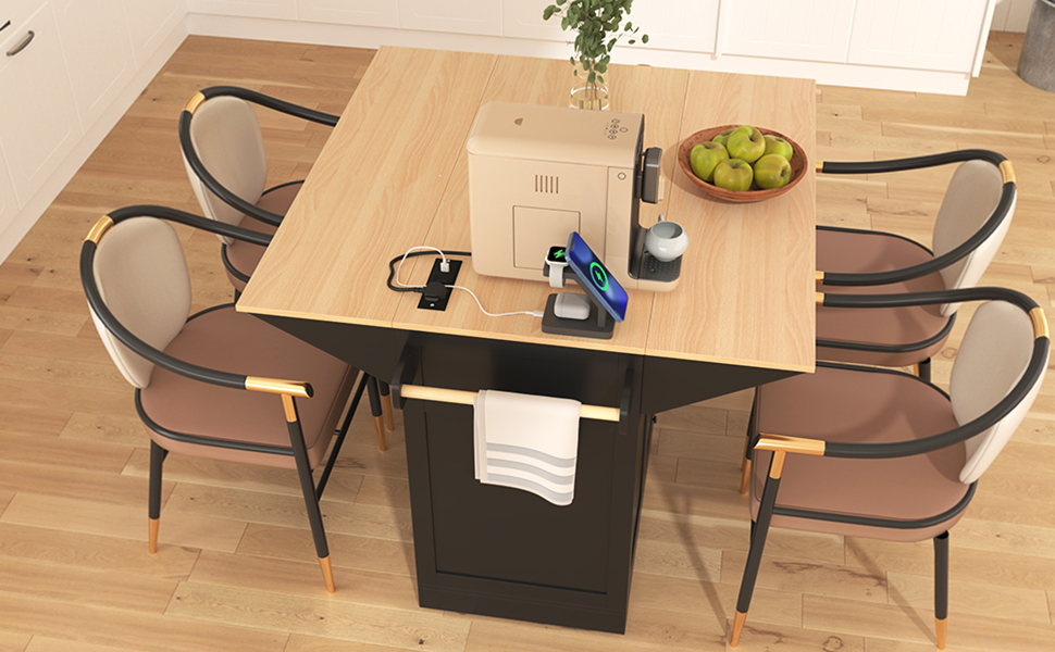 koorbiir k2 K&K 55.7" Large Kitchen Island with Storage, 2 Drop Leaves, Rolling Kitchen Cart with Power Outlet, Folding Dining Table, 3 Drawers & Spice/Towel Rack ¨C Mobile Kitchen Storage for Kitchen & Dining Room, Black