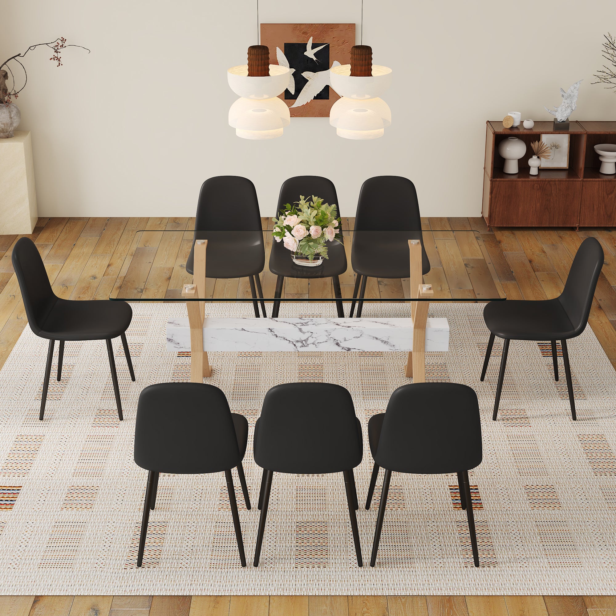 71" x 35.4" Transparent Tempered Glass Dining Table with X-Shaped Wood Color Metal Legs ¨C 6 Light Gray Linen Fabric Chairs, Modern Table Linens Set for Dining Room