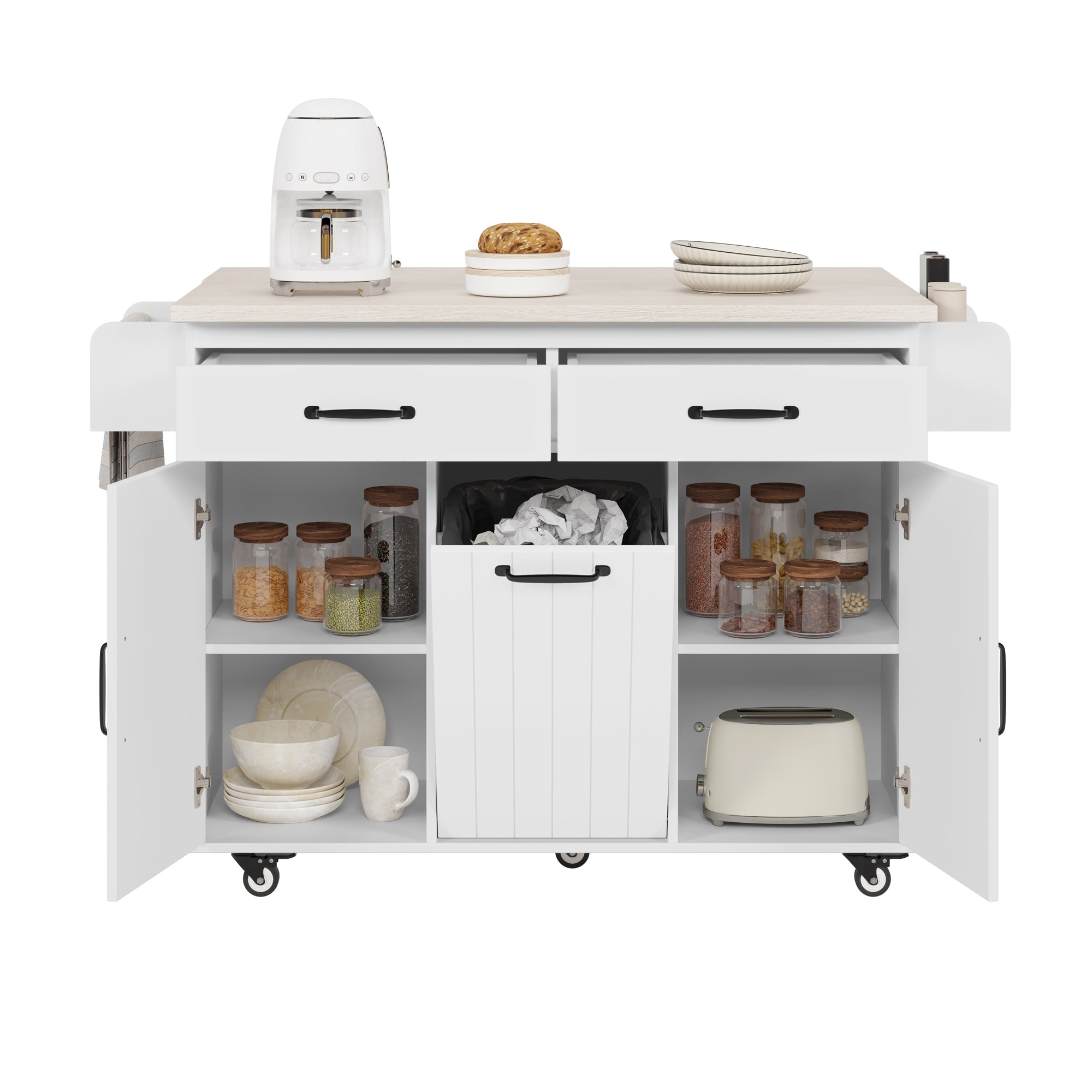 koorbiir k3 K&K Kitchen Island with Trash Can Storage, Drop Leaf Countertop, Spice & Towel Rack, Drawer Cabinet ¨C Rolling Kitchen Cart with Adjustable Shelves for Kitchen Storage, White
