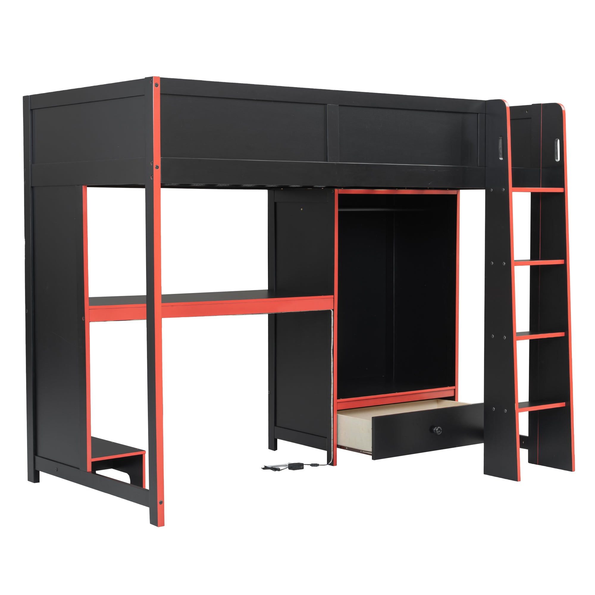 koorbiir G1 Wood Full-Size Gaming Loft Bed with Built-In Gaming Desk, Wardrobe, LED Lighting & Drawer ¨C Black