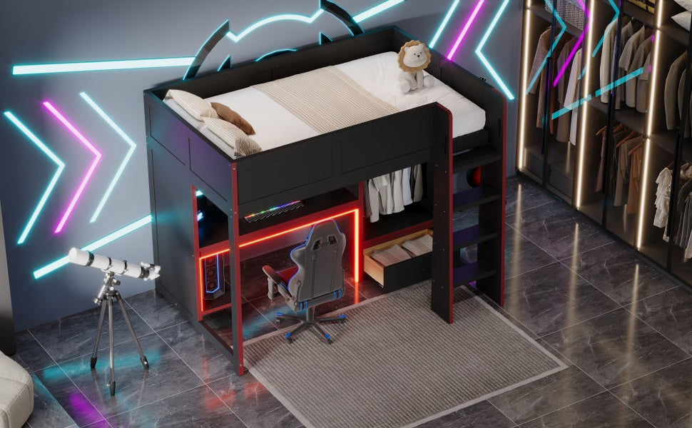 koorbiir G1 Wood Full-Size Gaming Loft Bed with Built-In Gaming Desk, Wardrobe, LED Lighting & Drawer ¨C Black