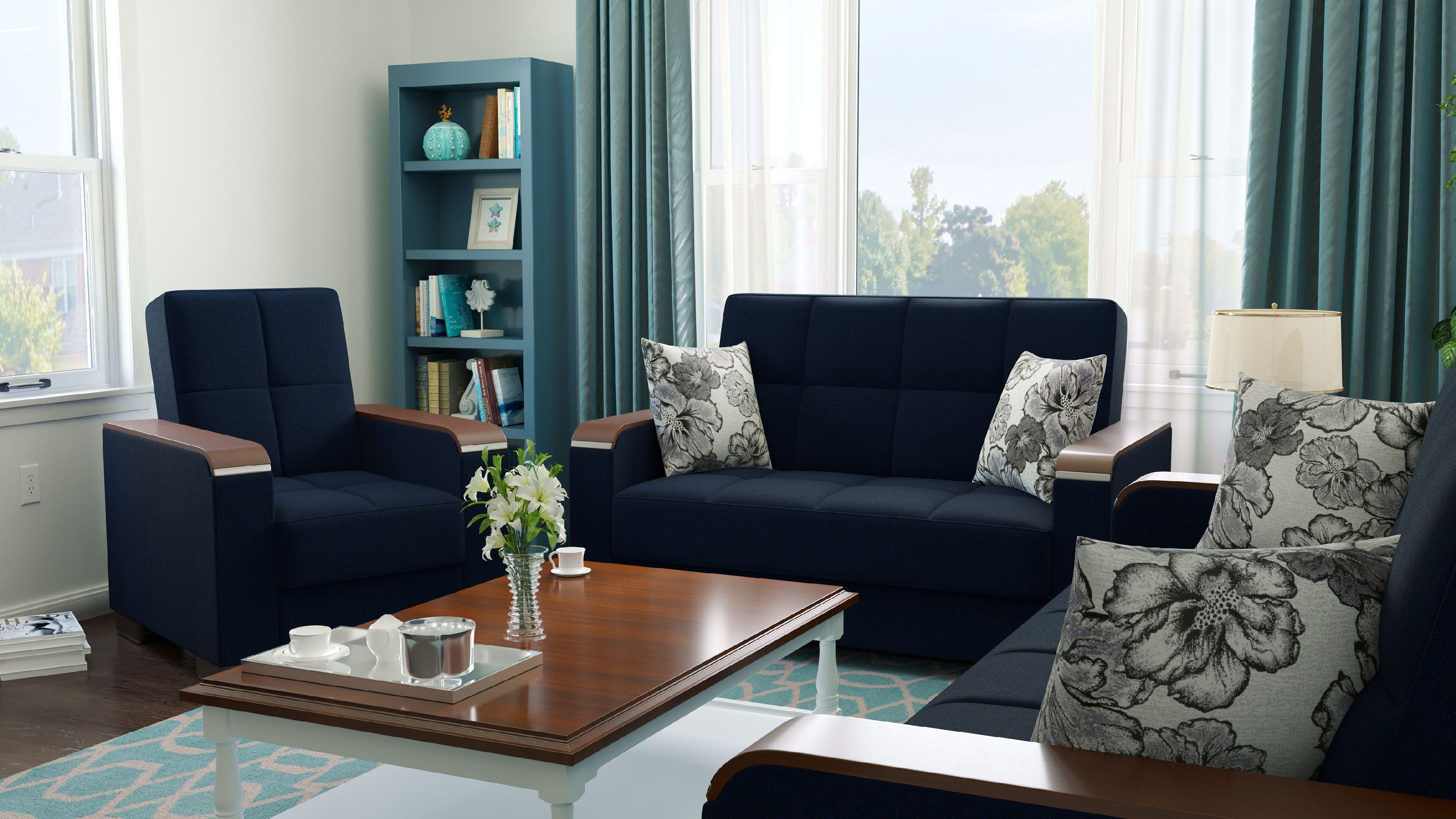 PrimeNest ZenAero Collection Convertible Wood Trimmed Upholstered Sofabed with Storage, Dark Blue Polyester Sleeper Sofa Bed for Small Spaces Living Room Furniture