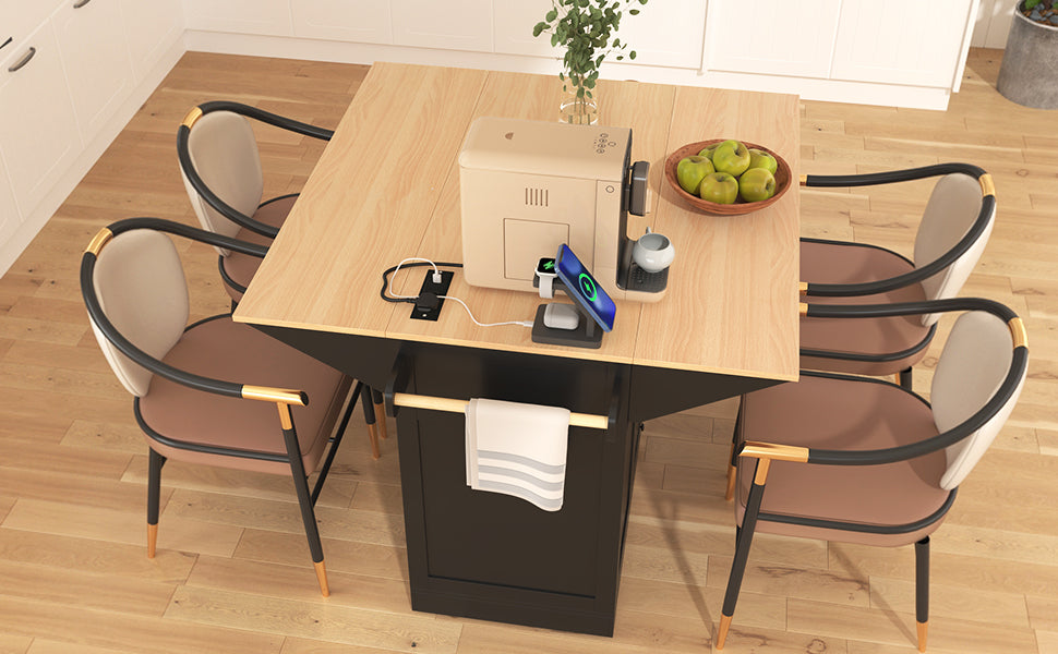 koorbiir k2 K&K 55.7" Large Kitchen Island with Storage, 2 Drop Leaves, Rolling Kitchen Cart with Power Outlet, Folding Dining Table, 3 Drawers & Spice/Towel Rack ¨C Mobile Kitchen Storage for Kitchen & Dining Room, Black