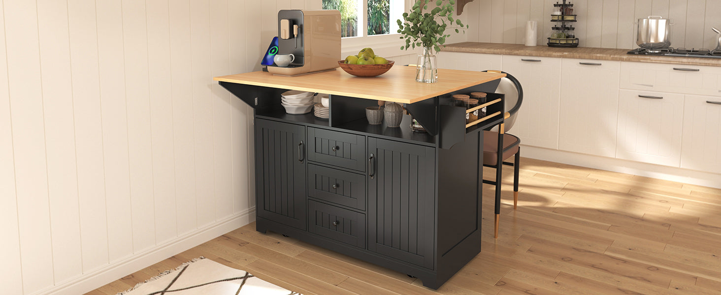 koorbiir k2 K&K 55.7" Large Kitchen Island with Storage, 2 Drop Leaves, Rolling Kitchen Cart with Power Outlet, Folding Dining Table, 3 Drawers & Spice/Towel Rack ¨C Mobile Kitchen Storage for Kitchen & Dining Room, Black