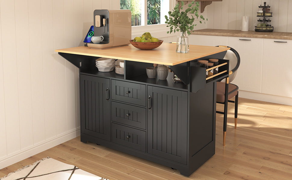 koorbiir k2 K&K 55.7" Large Kitchen Island with Storage, 2 Drop Leaves, Rolling Kitchen Cart with Power Outlet, Folding Dining Table, 3 Drawers & Spice/Towel Rack ¨C Mobile Kitchen Storage for Kitchen & Dining Room, Black