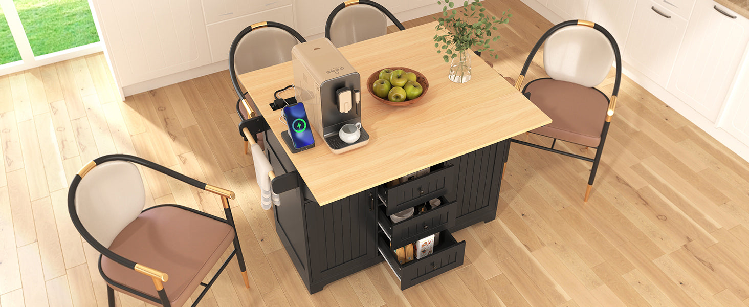 koorbiir k2 K&K 55.7" Large Kitchen Island with Storage, 2 Drop Leaves, Rolling Kitchen Cart with Power Outlet, Folding Dining Table, 3 Drawers & Spice/Towel Rack ¨C Mobile Kitchen Storage for Kitchen & Dining Room, Black