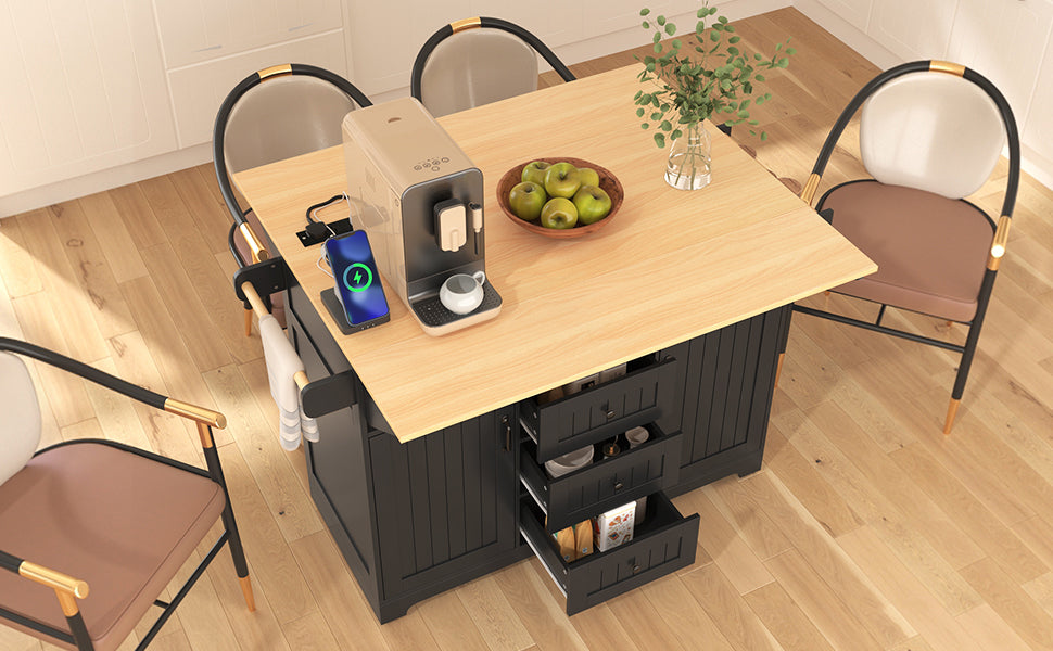 koorbiir k2 K&K 55.7" Large Kitchen Island with Storage, 2 Drop Leaves, Rolling Kitchen Cart with Power Outlet, Folding Dining Table, 3 Drawers & Spice/Towel Rack ¨C Mobile Kitchen Storage for Kitchen & Dining Room, Black