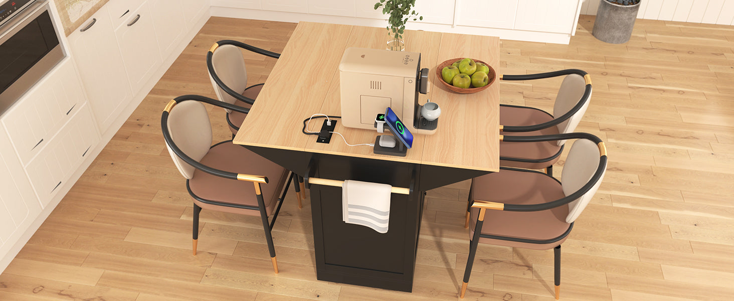 koorbiir k2 K&K 55.7" Large Kitchen Island with Storage, 2 Drop Leaves, Rolling Kitchen Cart with Power Outlet, Folding Dining Table, 3 Drawers & Spice/Towel Rack ¨C Mobile Kitchen Storage for Kitchen & Dining Room, Black