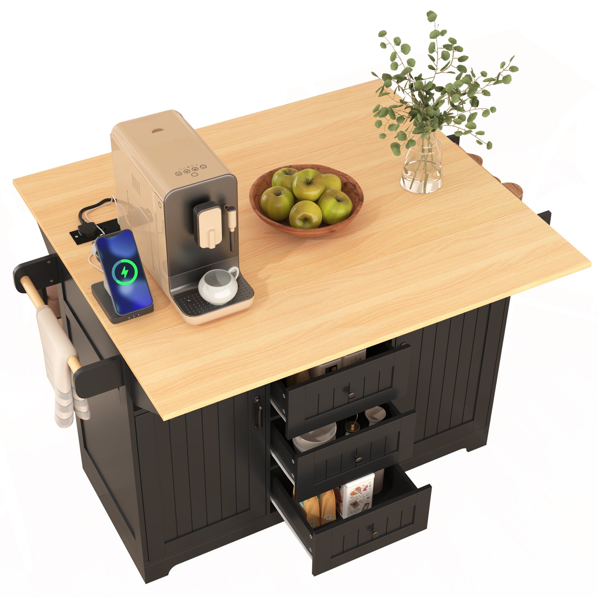koorbiir k2 K&K 55.7" Large Kitchen Island with Storage, 2 Drop Leaves, Rolling Kitchen Cart with Power Outlet, Folding Dining Table, 3 Drawers & Spice/Towel Rack ¨C Mobile Kitchen Storage for Kitchen & Dining Room, Black