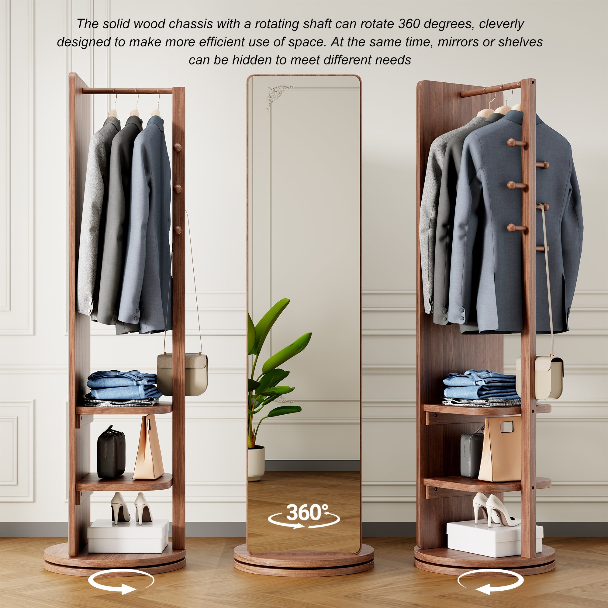 koorbiir mi1 360¡ã Rotating 66"x14" Full Length Mirror with Hook Storage Rack & Coat Rack, Solid Wood Floor Mirror for Bedroom, Living Room, Cloakroom - Space - Saving Design - Koorbiir