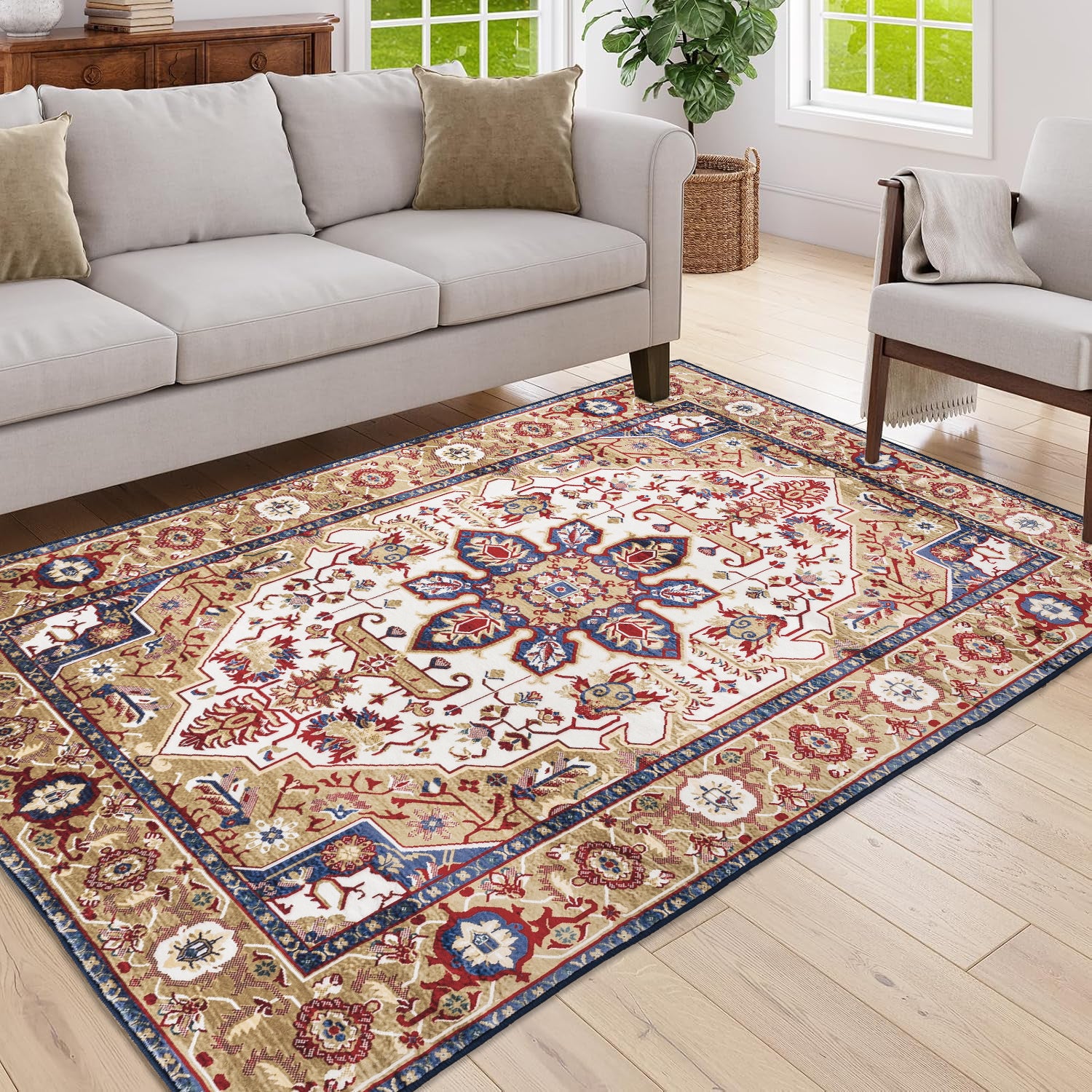 koorbiir R3 6x9 Vintage Bohemian Persian Area Rug ¨C Non-Slip Washable Rugs with Blue & Gold Floral Design for Living Room, Kitchen, Bedroom
