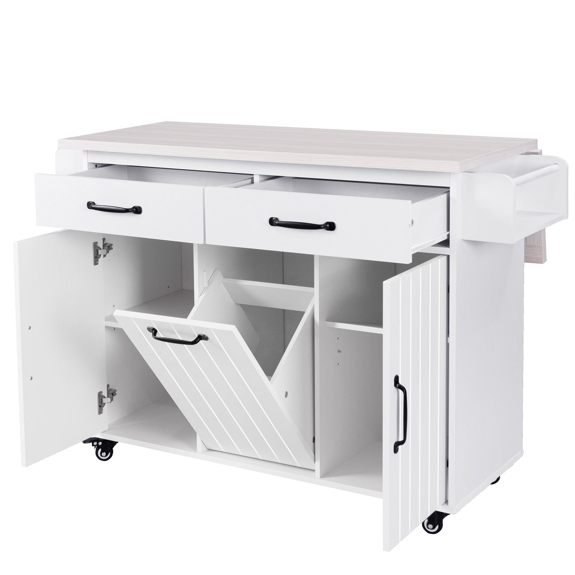 koorbiir k3 K&K Kitchen Island with Trash Can Storage, Drop Leaf Countertop, Spice & Towel Rack, Drawer Cabinet ¨C Rolling Kitchen Cart with Adjustable Shelves for Kitchen Storage, White - Koorbiir