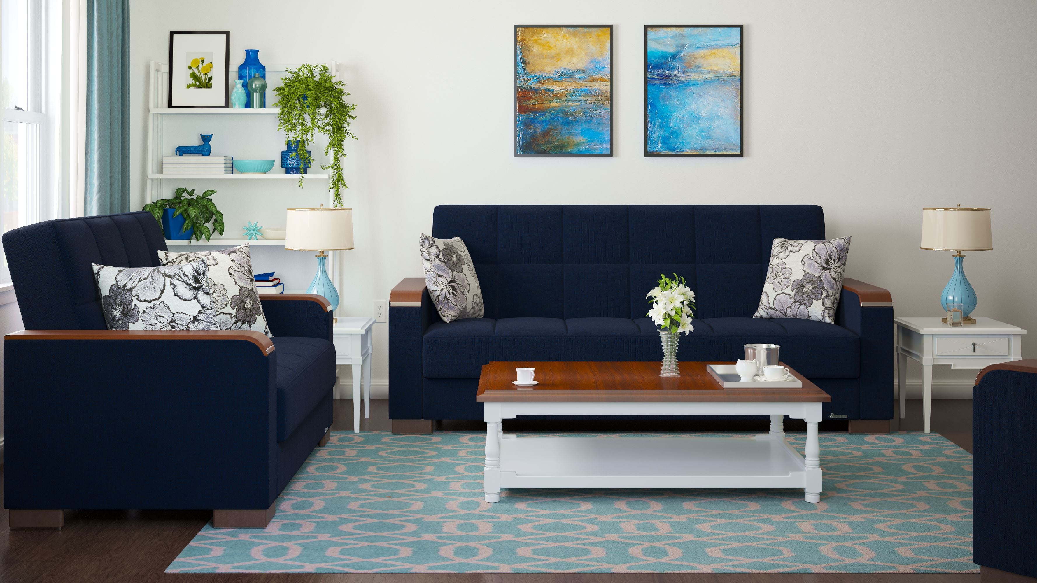 PrimeNest ZenAero Collection Convertible Wood Trimmed Upholstered Sofabed with Storage, Dark Blue Polyester Sleeper Sofa Bed for Small Spaces Living Room Furniture