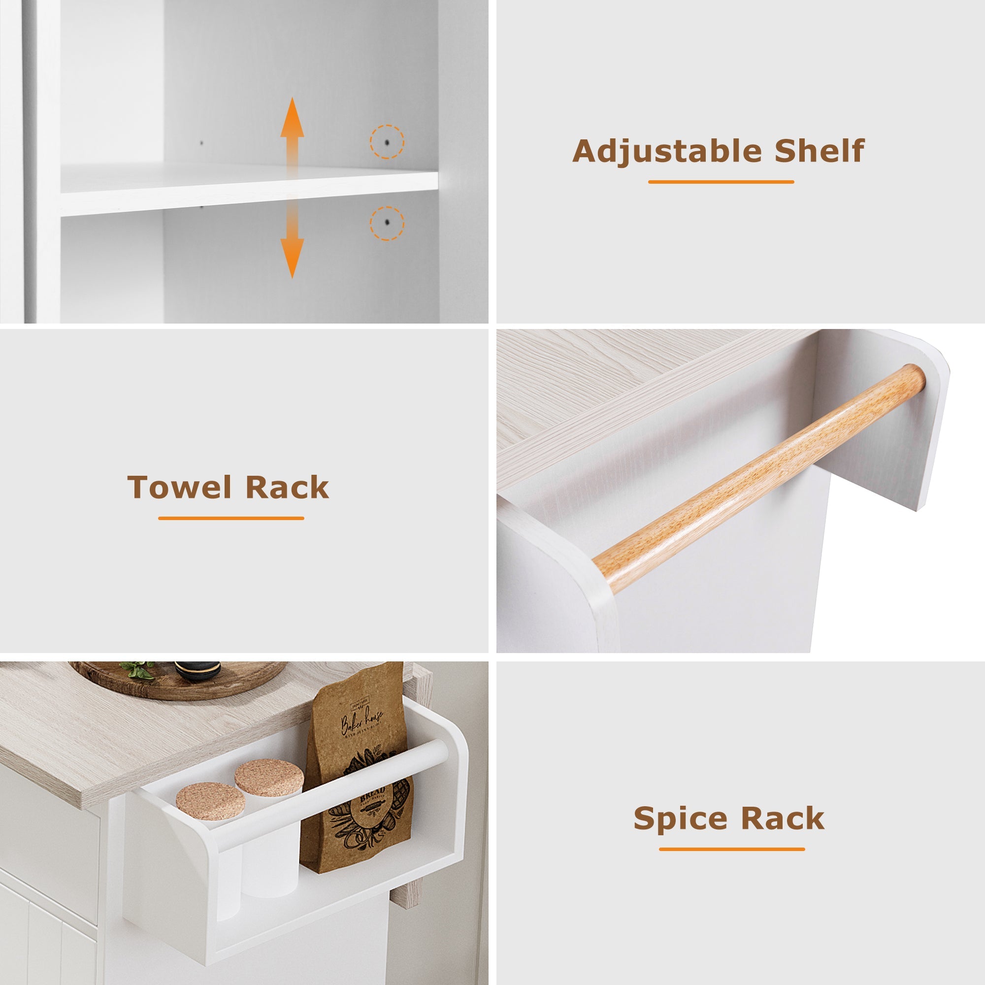 koorbiir k3 K&K Kitchen Island with Trash Can Storage, Drop Leaf Countertop, Spice & Towel Rack, Drawer Cabinet ¨C Rolling Kitchen Cart with Adjustable Shelves for Kitchen Storage, White - Koorbiir