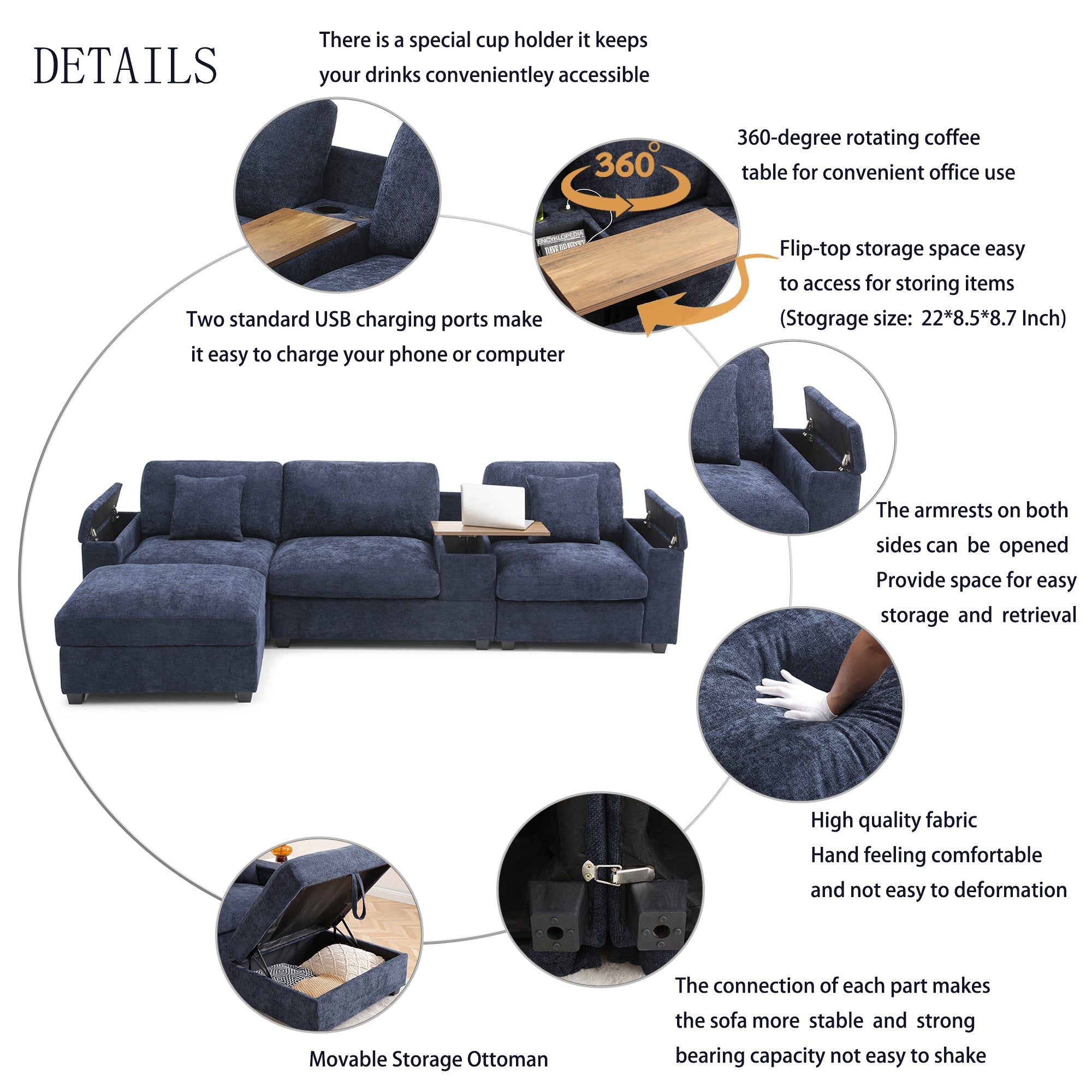 koorbiir ta7 120.3" L - Shaped Sectional Sofa with Storage Ottoman ¨C Oversized Cloud Couch with Drop - Down Table, 360¡ã Swivel Tray, Cup Holders, USB Ports & Wide Linen Seats for Living Room - Koorbiir