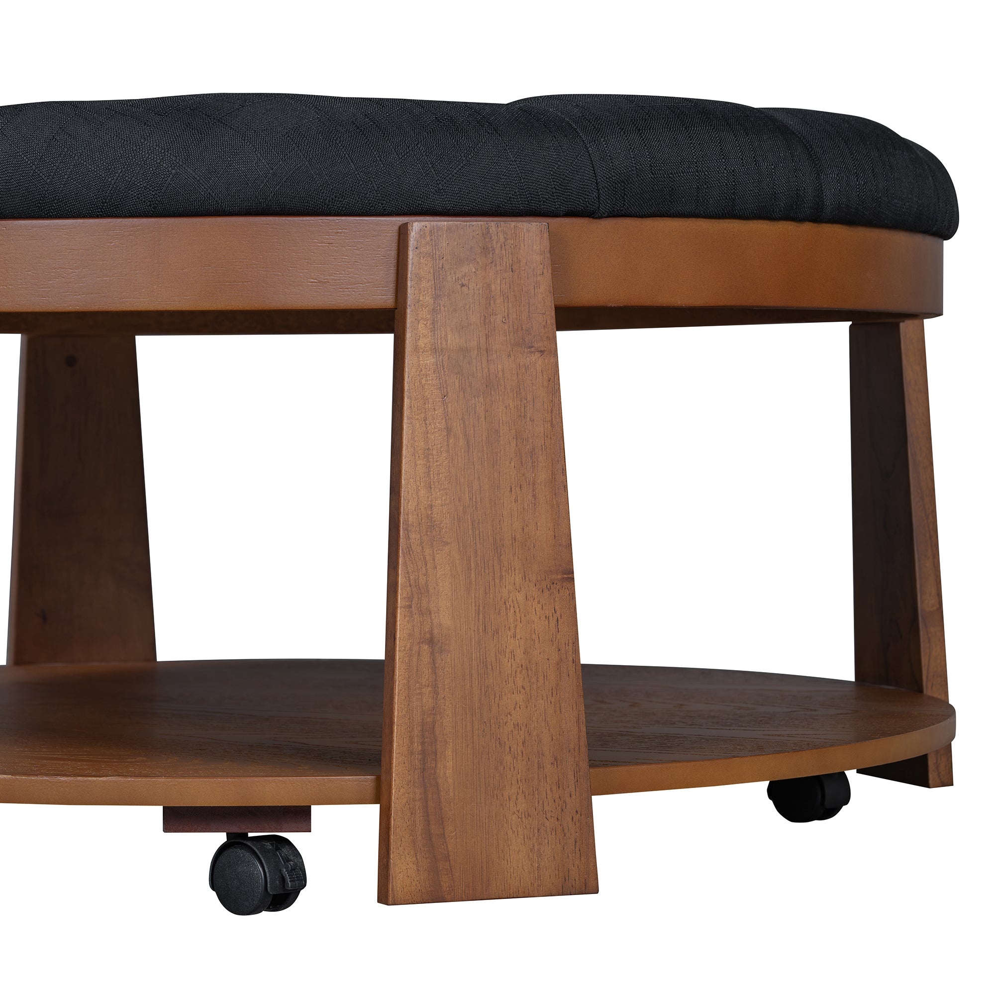 koorbiir ta1 Modern Large Round Ottoman Coffee Table with 2-Tier Wood Shelf Storage ¨C Oversized Button Tufted Upholstered Footrest Ottoman on Wheels, Waterproof Table Linens for Living Room