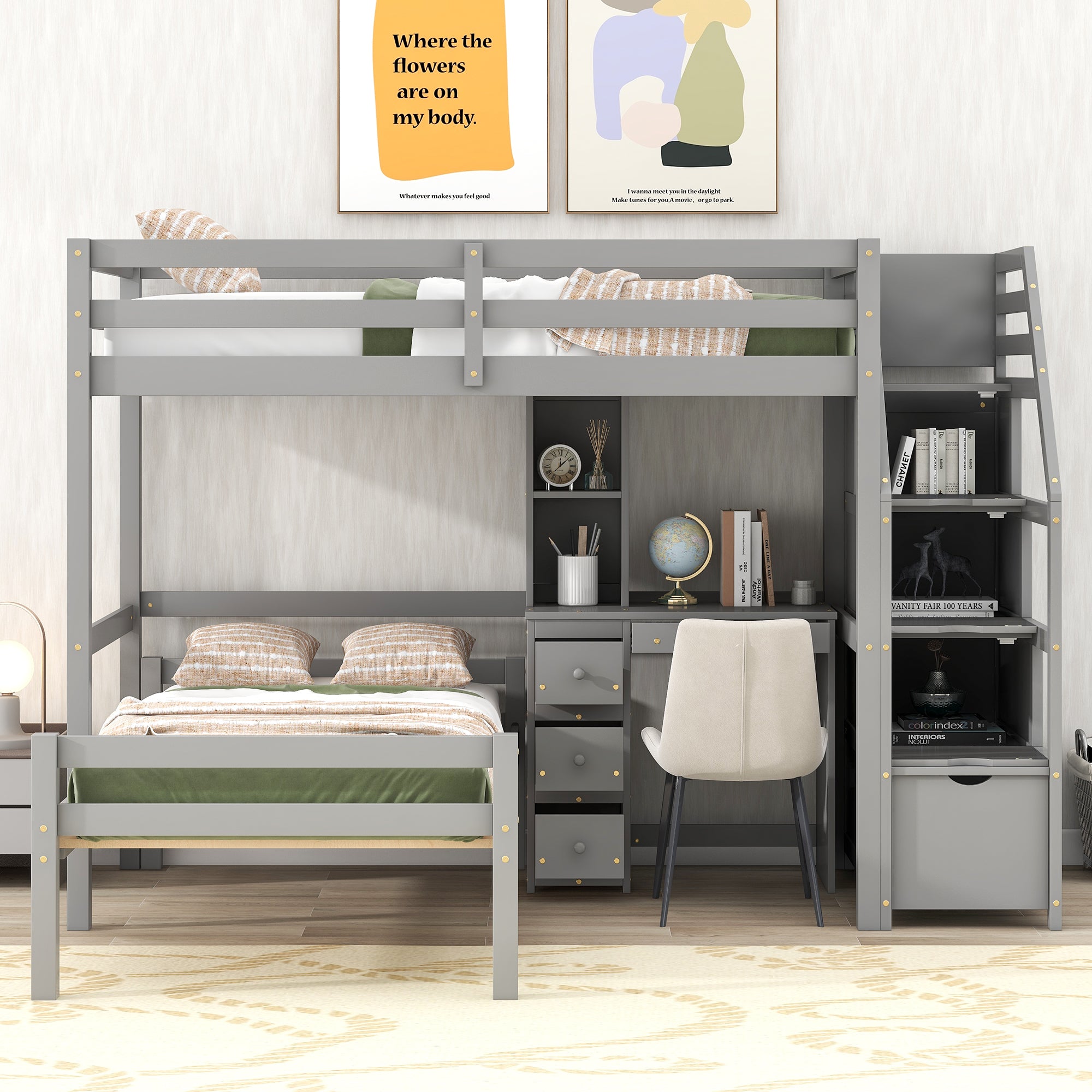 koorbiir d3 Multifunctional Loft Bunk Bed with Twin Bed, Storage Staircase, Standing Desk, Drawers & Shelves ¨C Gray