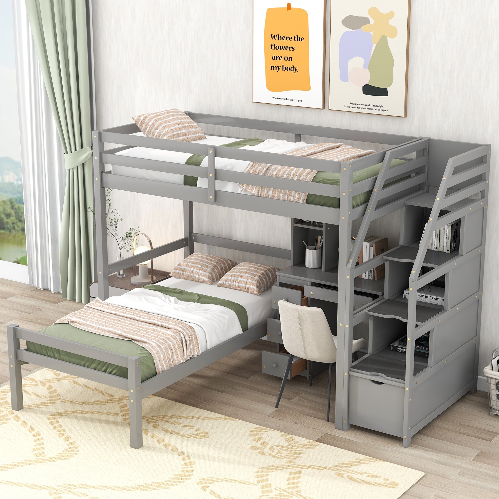 koorbiir d3 Multifunctional Loft Bunk Bed with Twin Bed, Storage Staircase, Standing Desk, Drawers & Shelves ¨C Gray