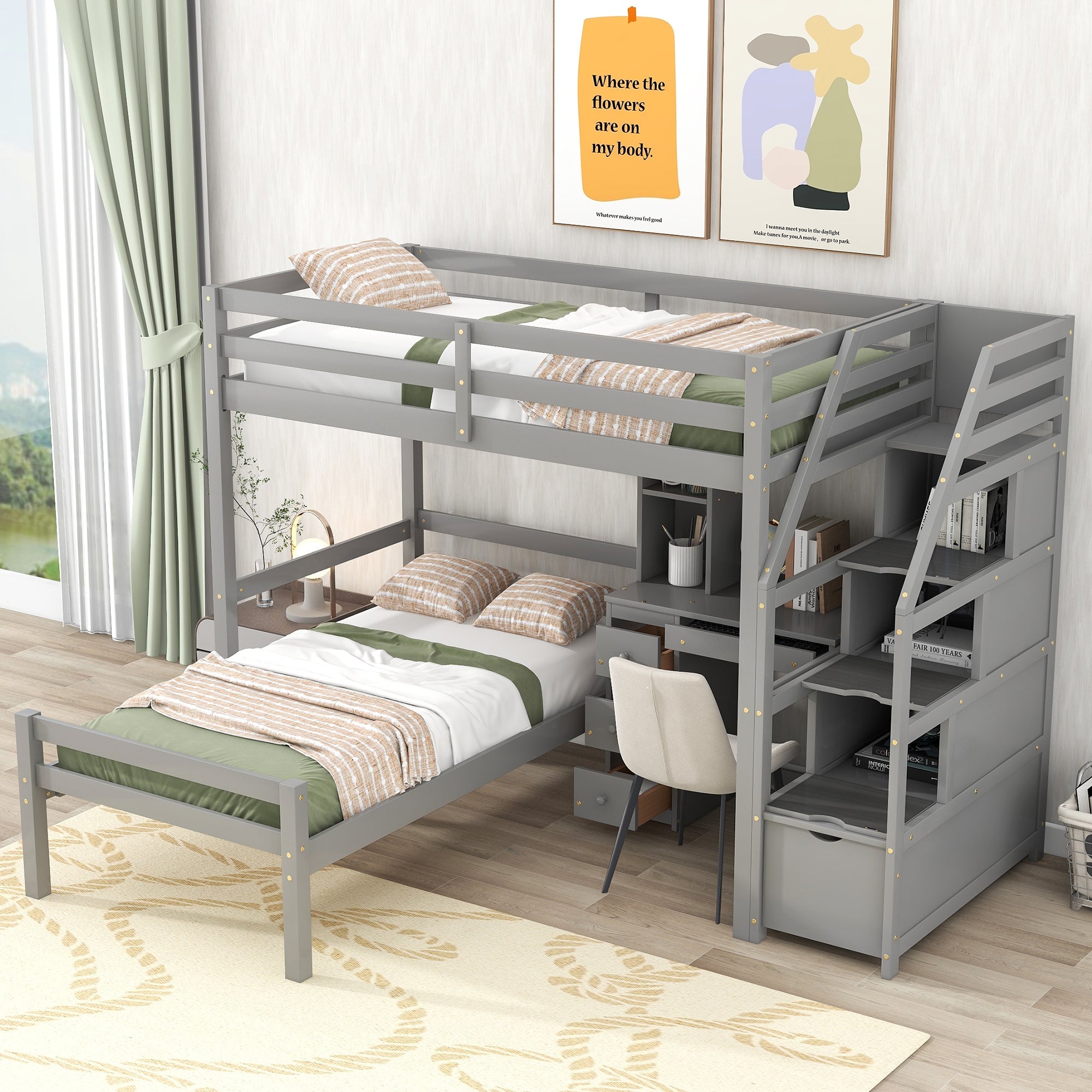 koorbiir d3 Multifunctional Loft Bunk Bed with Twin Bed, Storage Staircase, Standing Desk, Drawers & Shelves ¨C Gray - Koorbiir