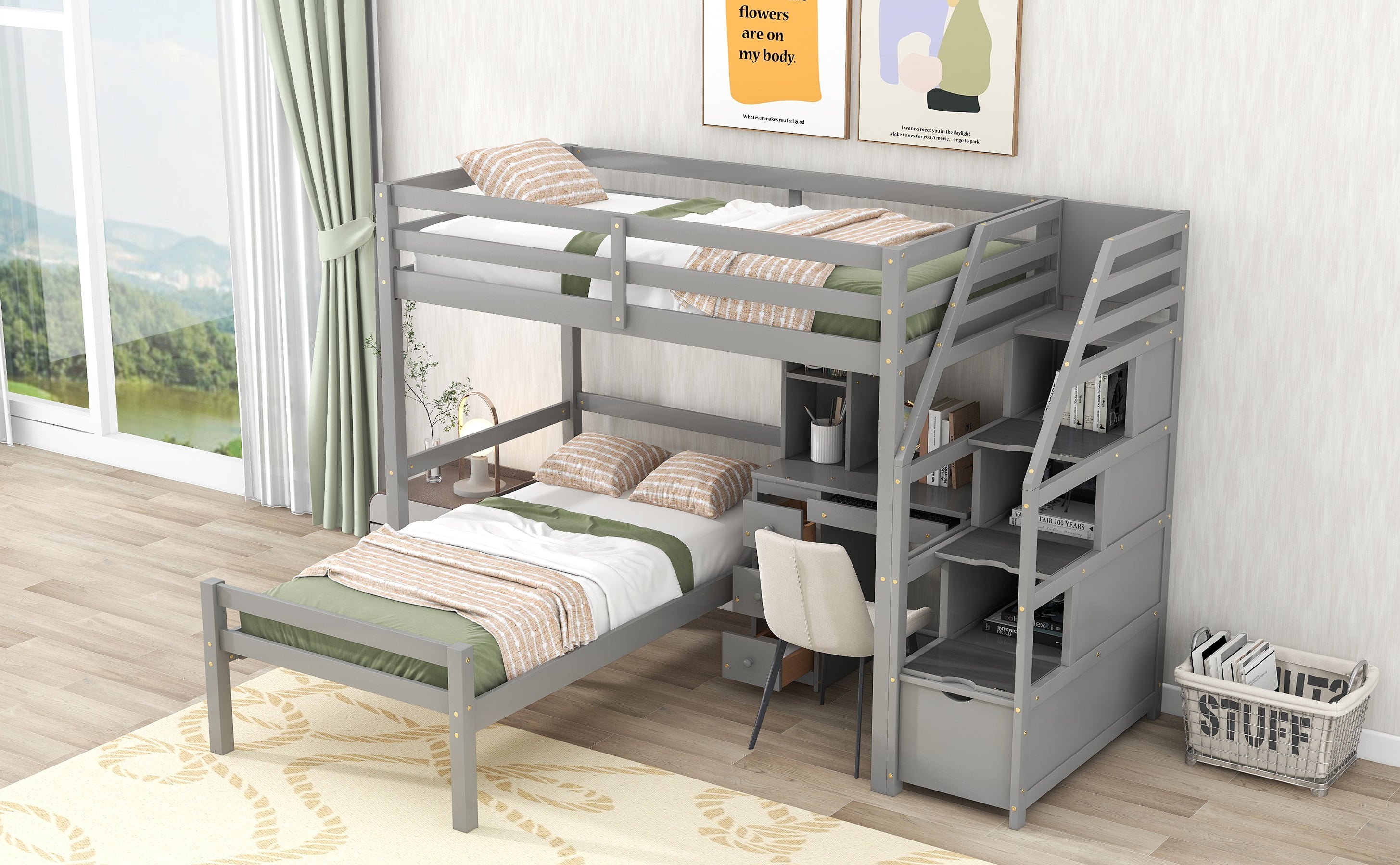 koorbiir d3 Multifunctional Loft Bunk Bed with Twin Bed, Storage Staircase, Standing Desk, Drawers & Shelves ¨C Gray