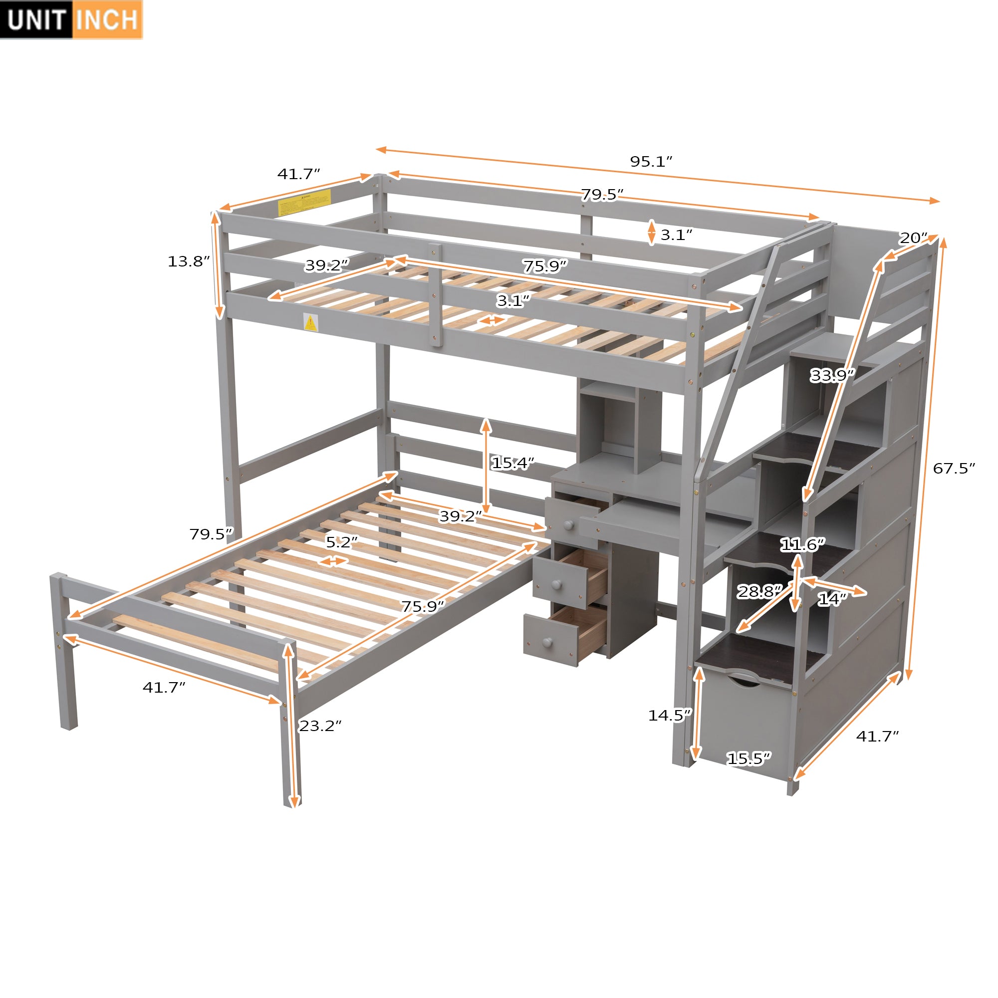koorbiir d3 Multifunctional Loft Bunk Bed with Twin Bed, Storage Staircase, Standing Desk, Drawers & Shelves ¨C Gray