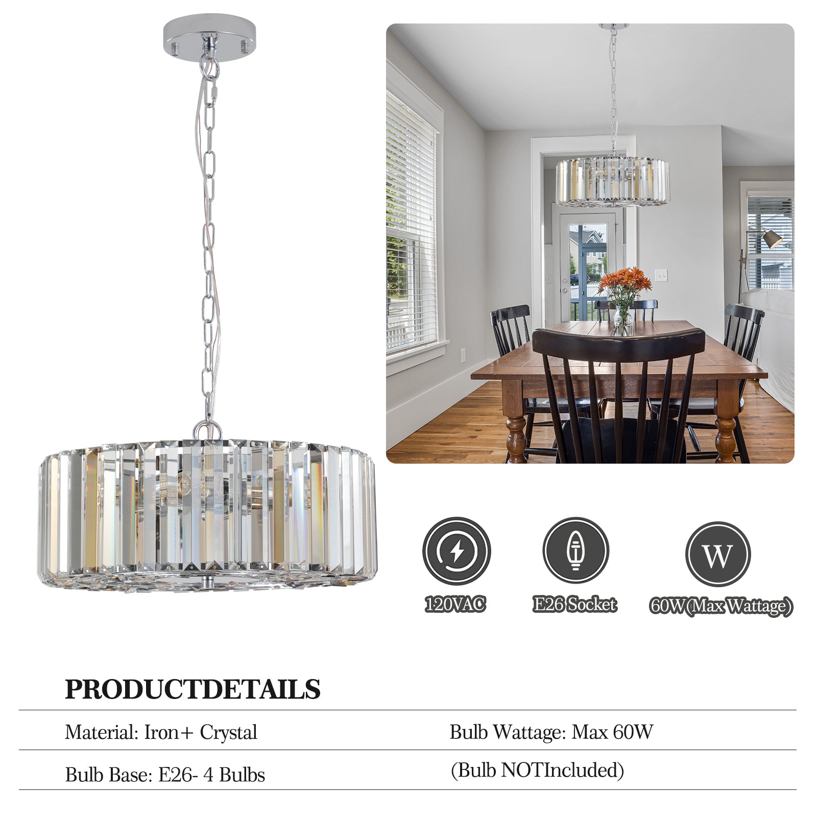 koorbiir L4 Modern Oval Crystal Chandelier Lighting ¨C Luxury Ceiling Light Fixture for Home Decor (Bulbs Not Included)