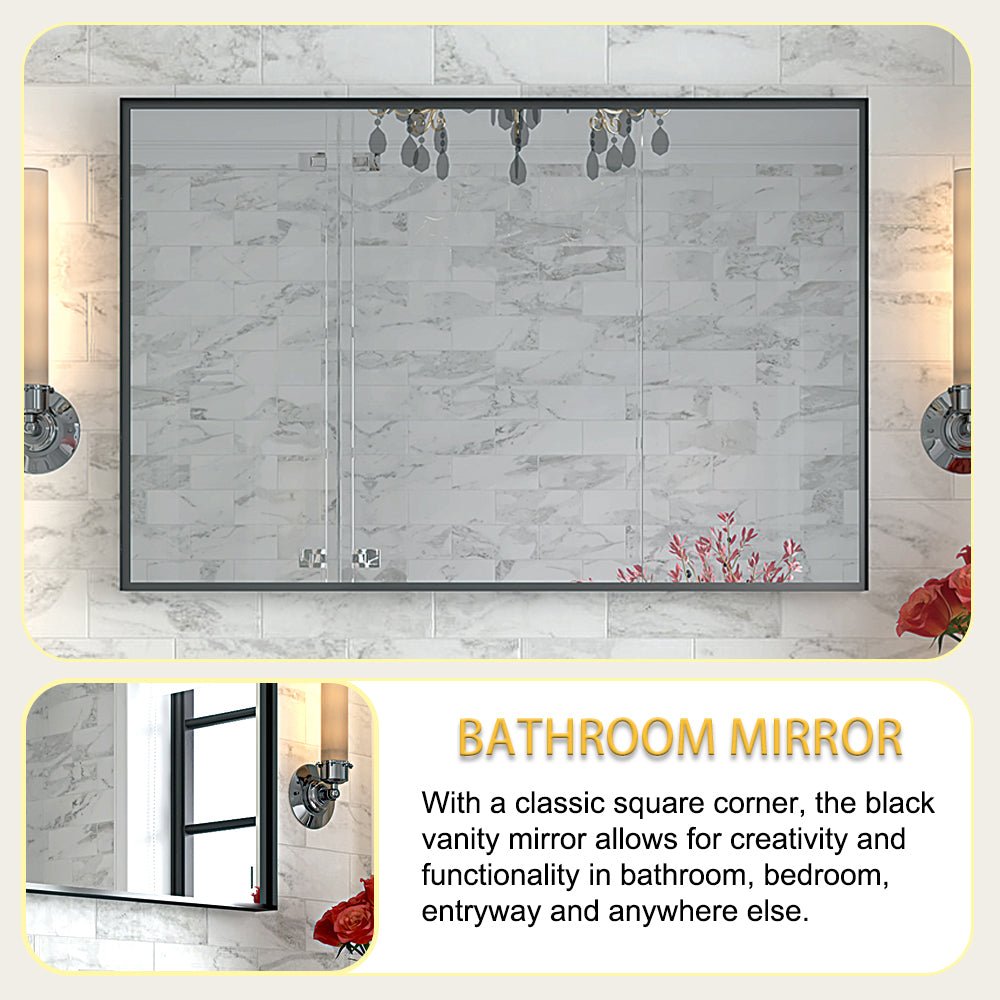 koorbiir mi4 40x30 Glossy Black Bathroom Mirror, Rectangular Vanity Mirror with Modern Metal Frame, Decorative Square Corner Mirror for Wall (Horizontal & Vertical Mount) - Koorbiir