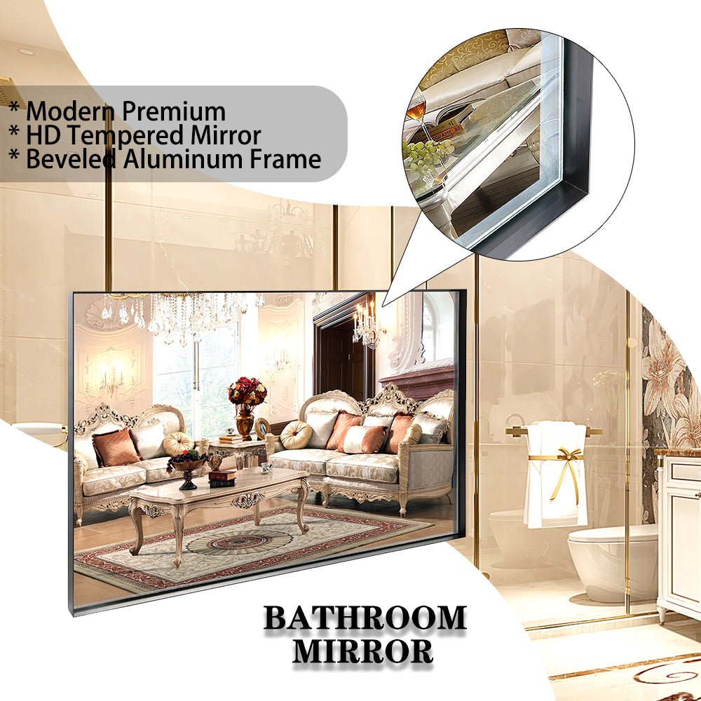 koorbiir mi4 40x30 Glossy Black Bathroom Mirror, Rectangular Vanity Mirror with Modern Metal Frame, Decorative Square Corner Mirror for Wall (Horizontal & Vertical Mount) - Koorbiir