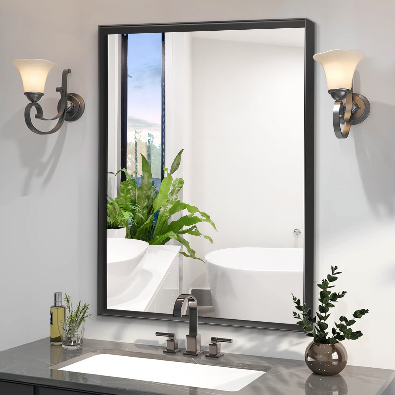 koorbiir mi4 40x30 Glossy Black Bathroom Mirror, Rectangular Vanity Mirror with Modern Metal Frame, Decorative Square Corner Mirror for Wall (Horizontal & Vertical Mount) - Koorbiir