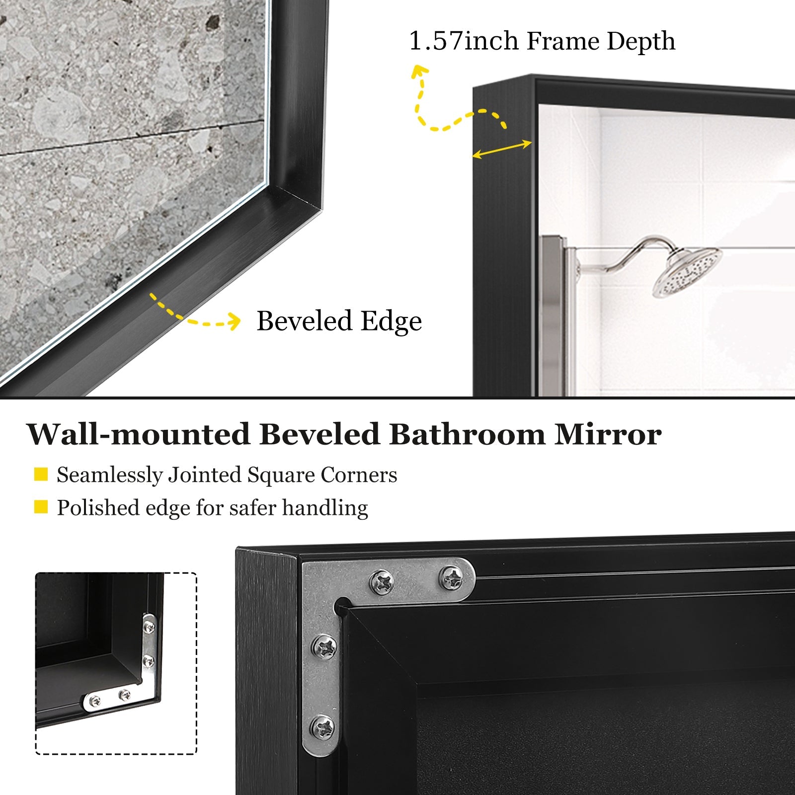 koorbiir mi4 40x30 Glossy Black Bathroom Mirror, Rectangular Vanity Mirror with Modern Metal Frame, Decorative Square Corner Mirror for Wall (Horizontal & Vertical Mount) - Koorbiir