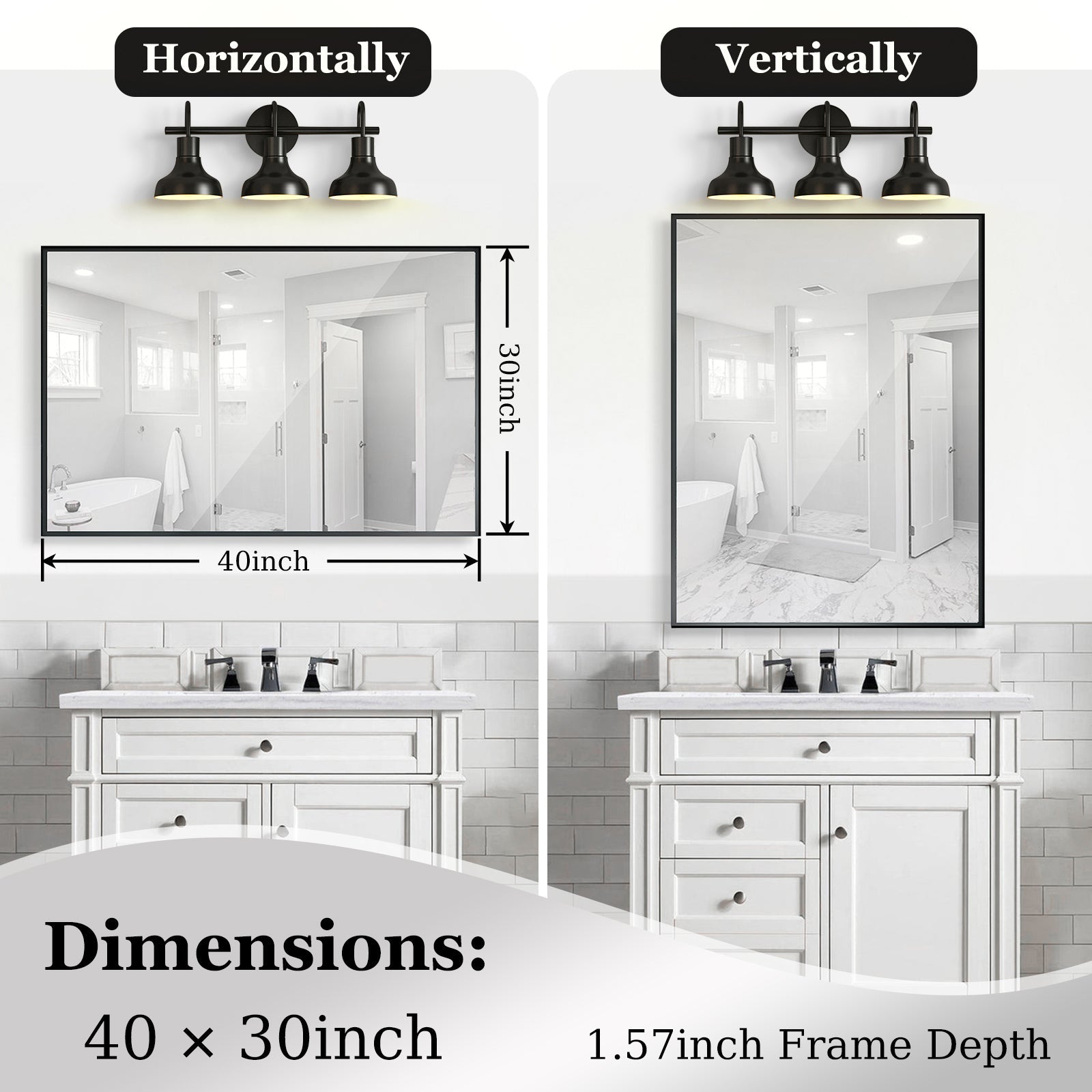 koorbiir mi4 40x30 Glossy Black Bathroom Mirror, Rectangular Vanity Mirror with Modern Metal Frame, Decorative Square Corner Mirror for Wall (Horizontal & Vertical Mount) - Koorbiir