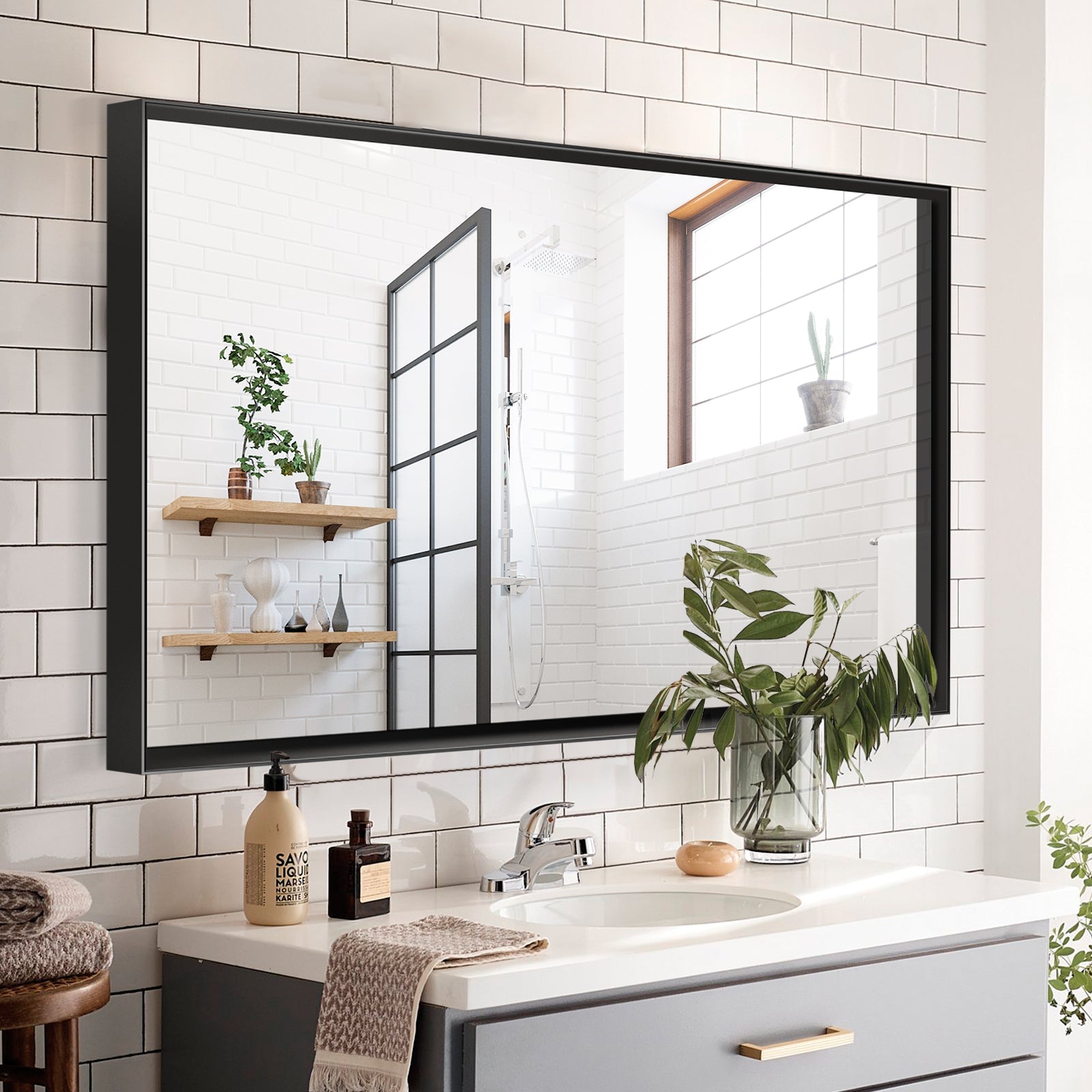 koorbiir mi4 40x30 Glossy Black Bathroom Mirror, Rectangular Vanity Mirror with Modern Metal Frame, Decorative Square Corner Mirror for Wall (Horizontal & Vertical Mount) - Koorbiir